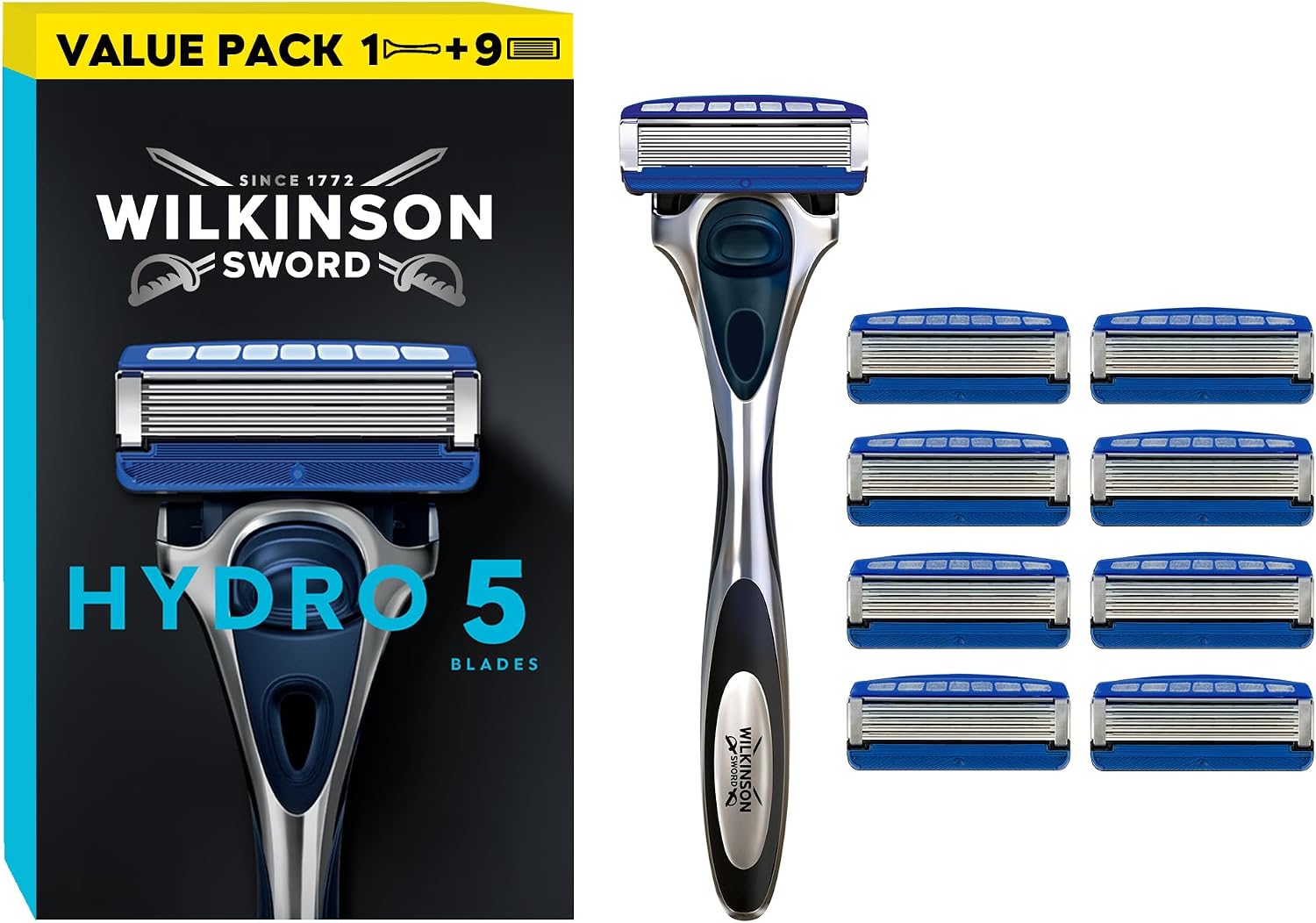 Wilkinson Sword Hydro 5 Men’s Razor, Great Addition to Wash Bags for Men's Grooming, Great Shavers for Routine Shaving, 1 Reusable Handle + 9 Blades Refills Pack