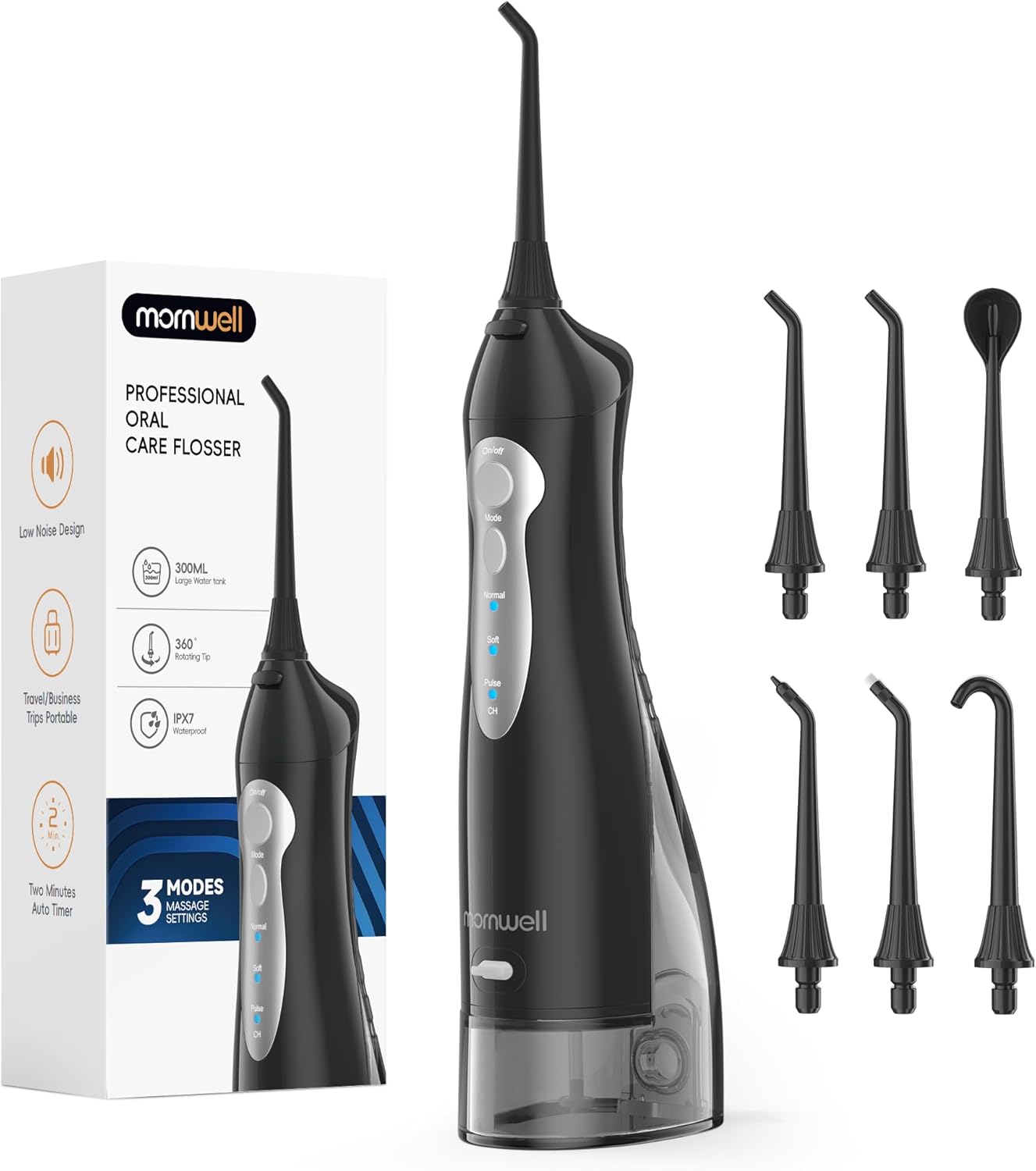 Mornwell Water Flosser Cordless, Water Flossers for Teeth - 300ML Tank and 4 Jet Tips, 3 Modes Portable Dental Oral Irrigator, Braces Care, Rechargeable Waterproof Portable Water Flosser (Black A)