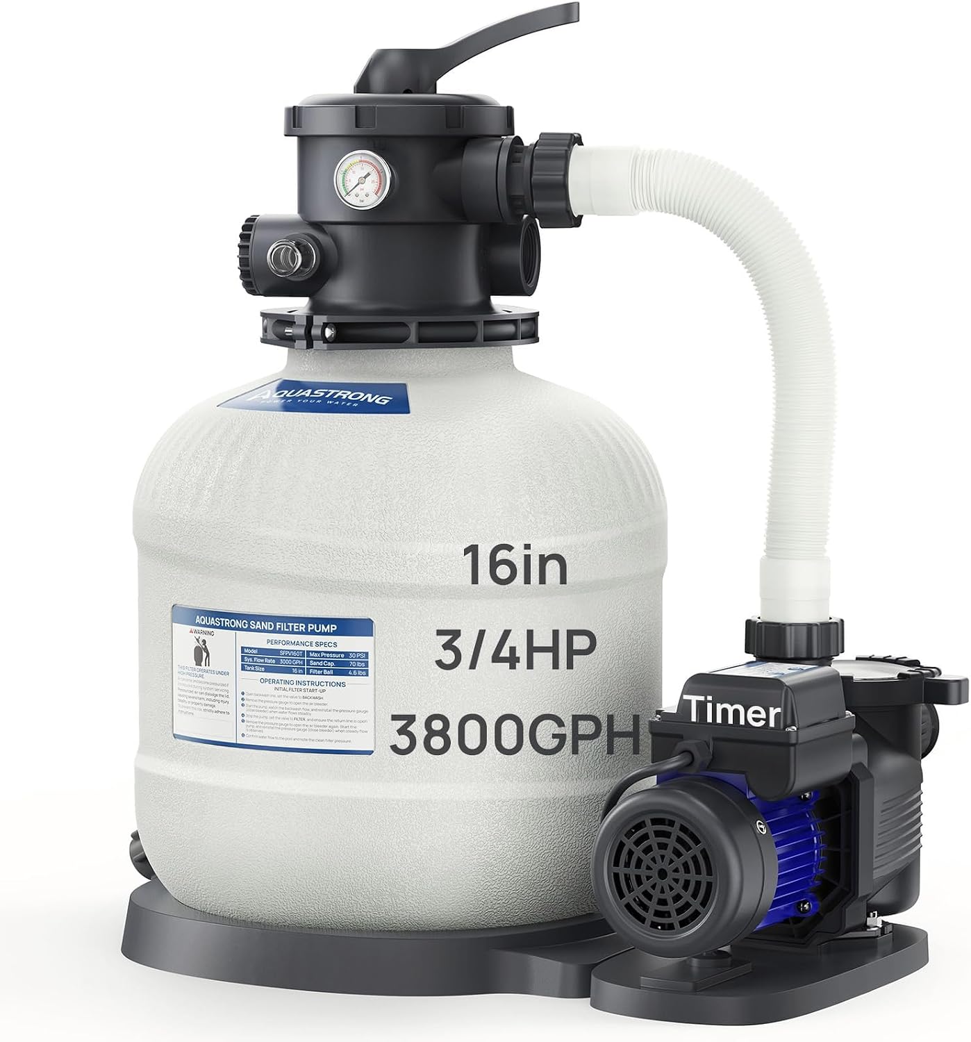 AQUASTRONG 16in Sand Filter Pump for Above Ground Pool with Timer, 3/4 HP Pool Pumps Above Ground 3800 GPH for Pools up to 16000 GAL, Pool Filter with 6-Way Valve, Improved Circulation and Filtration