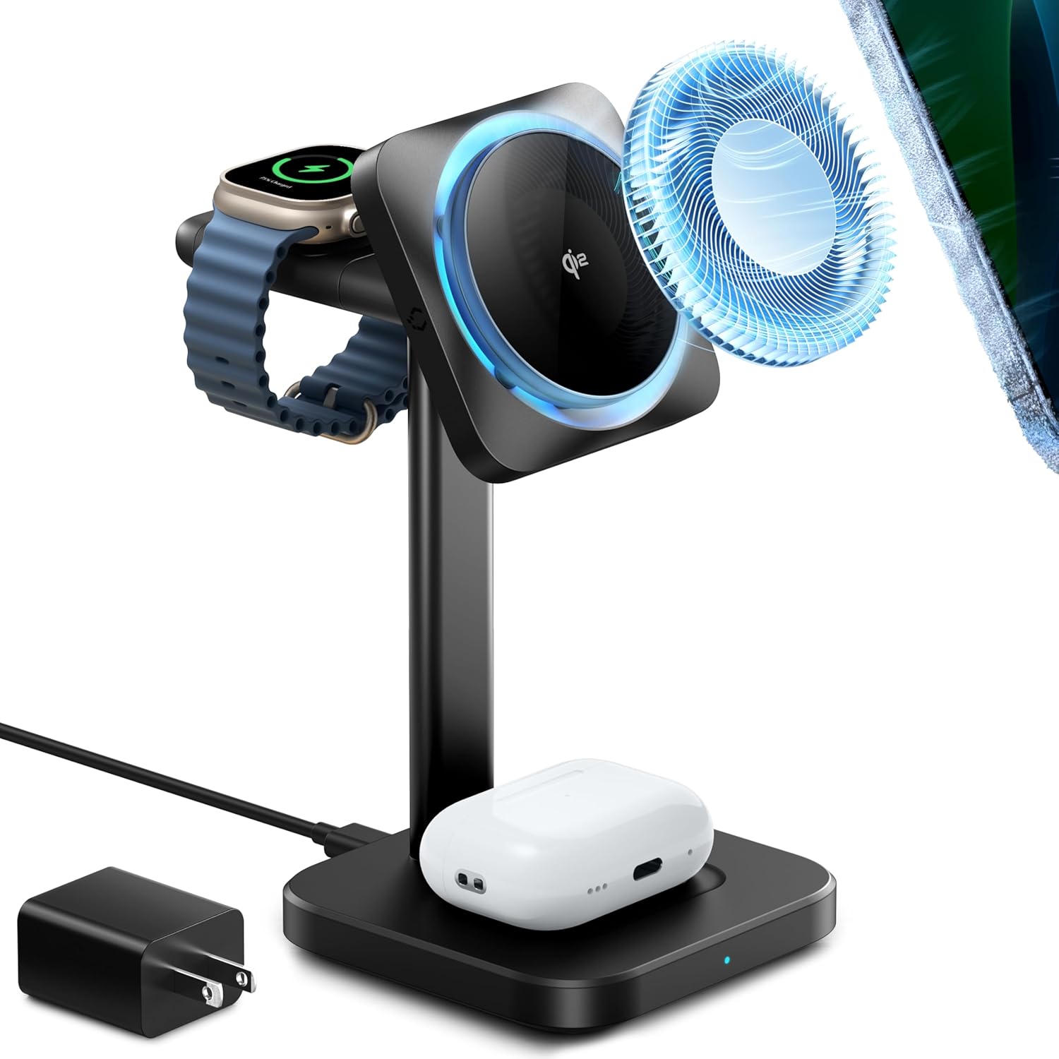 ESR for MagSafe Charger Stand, 3 in 1 Charging Station with CryoBoost, Phone-Cooling Wireless Charging Station, Qi2 Certified 15W MagSafe Stand, for iPhone16/15/14/13/12, AirPods, Apple Watch, Black