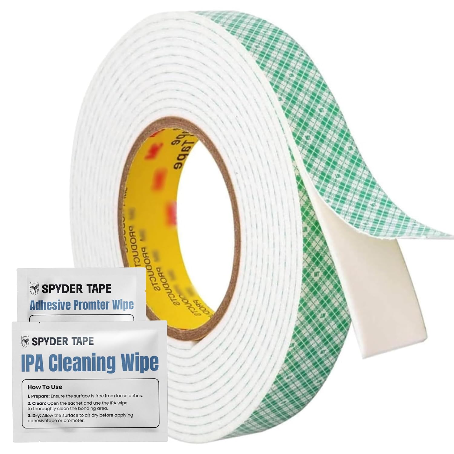 Spyder Tape 4026 Heavy-Duty Double Coated Urethane Foam Tape - 10mm x 10m - High Temperature Resistant Professional Mounting + IPA & Adhesion Promoter Wipes for Maximum Bond Strength - Indoor/Outdoor
