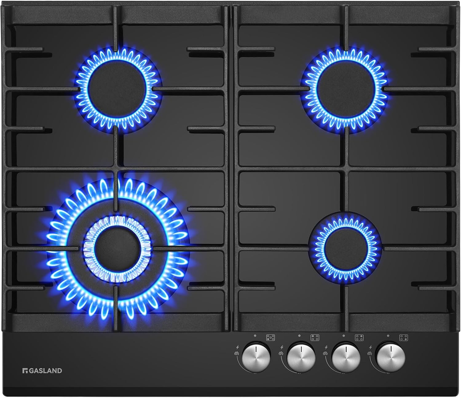 GASLAND GH604BF Butane Hob with 4 Burner Wok, 60cm Black Glass Cooktop, 8000W, NG/LPG Convertible