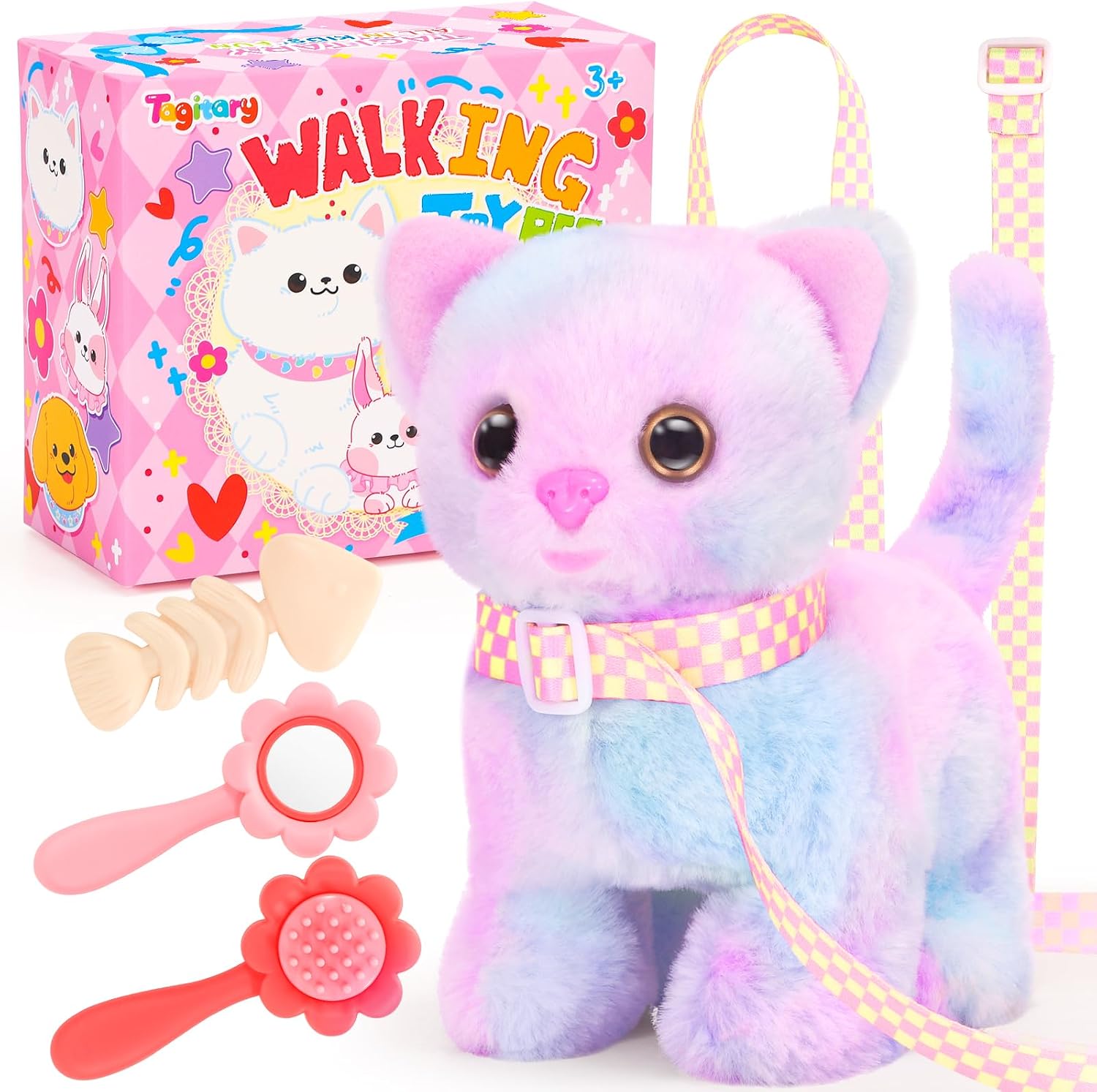 Tagitary Plush Toys Cat for Kids,Interactive Electronic Cat Toys That Can Move,Meow and Wag Tail,Stuffed Toys for Kids with Leash,Easter Christmas Birthday Gift for Toddlers Kids
