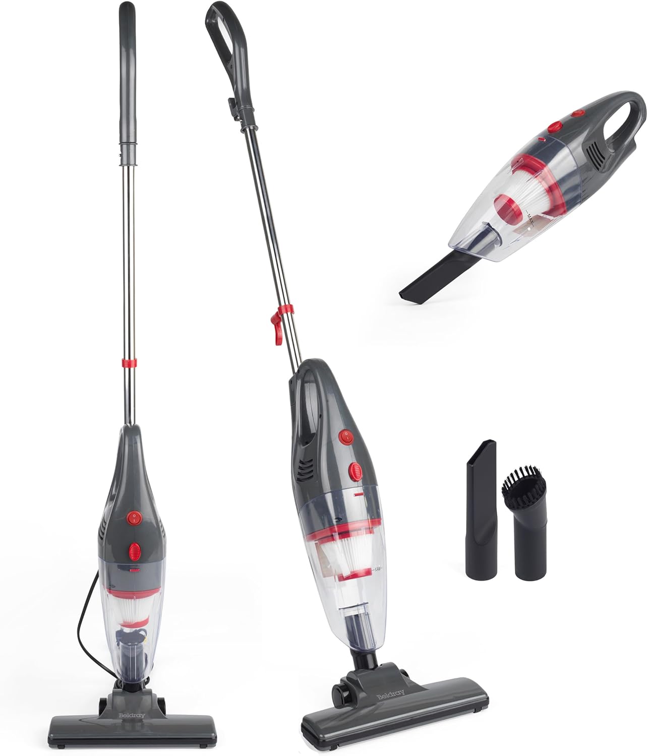 Beldray BEL0770N-GRY 2-in-1 Upright Stick Vacuum Cleaner – Corded Handheld Vac for Pet Hair, Lightweight Car Vacuum, Stairs/Upholstery, Bagless 1L Dust Tank, HEPA Filter, Crevice & Brush Tools, 600W