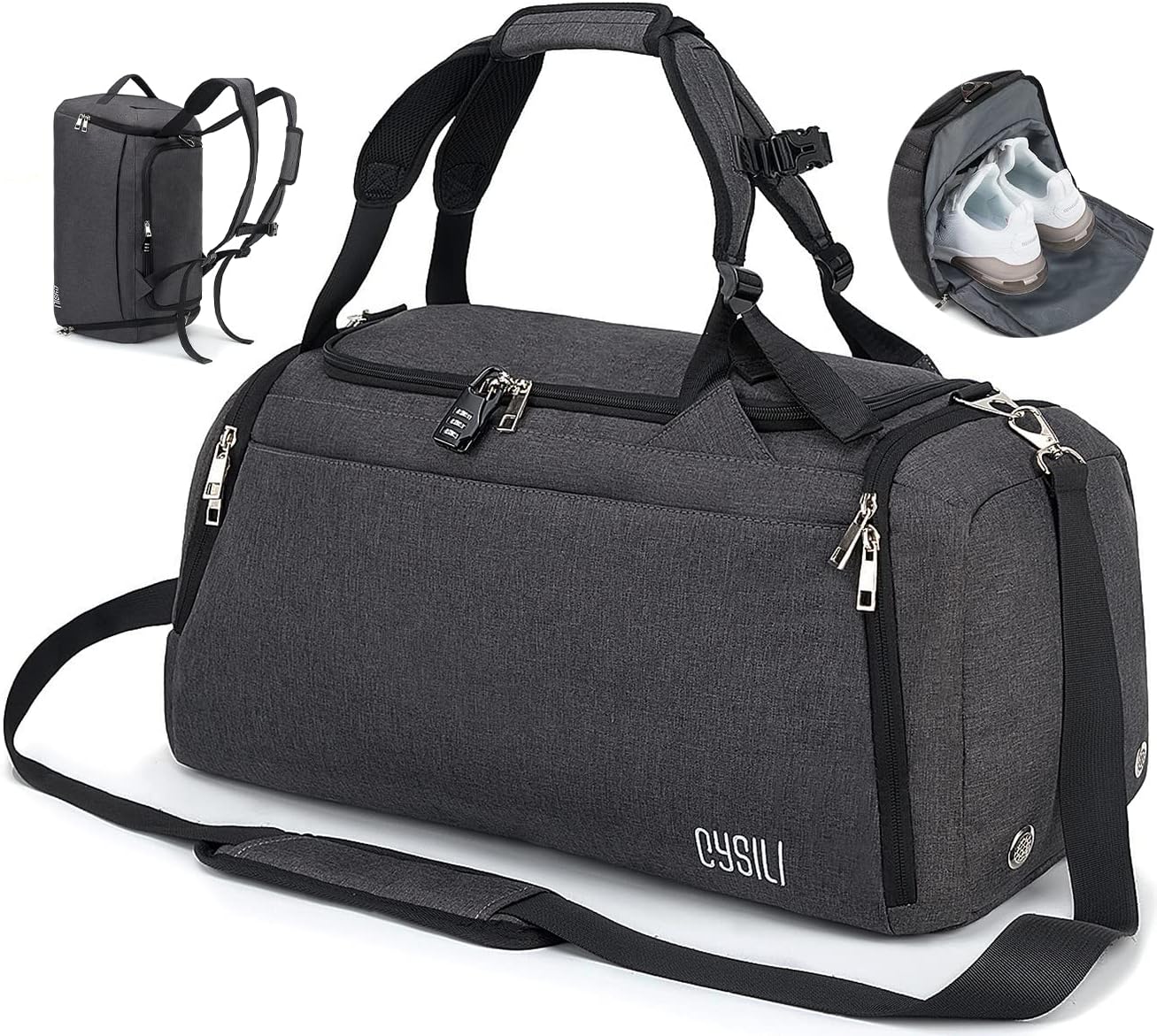 Sports Duffle Bag with Shoes Compartment and Wet Pocket, 42L Waterproof Gym Bag for Men and Women, Durable Travel Duffel Bag with Shoulder Strap and Combination Lock