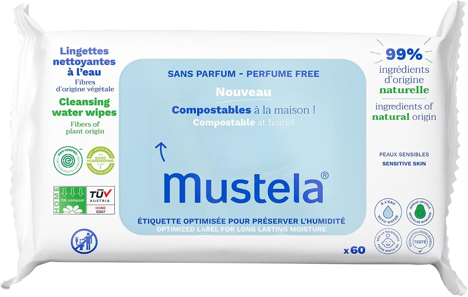 Mustela Compartmentalized wipes, fragrance-free, 60 pieces