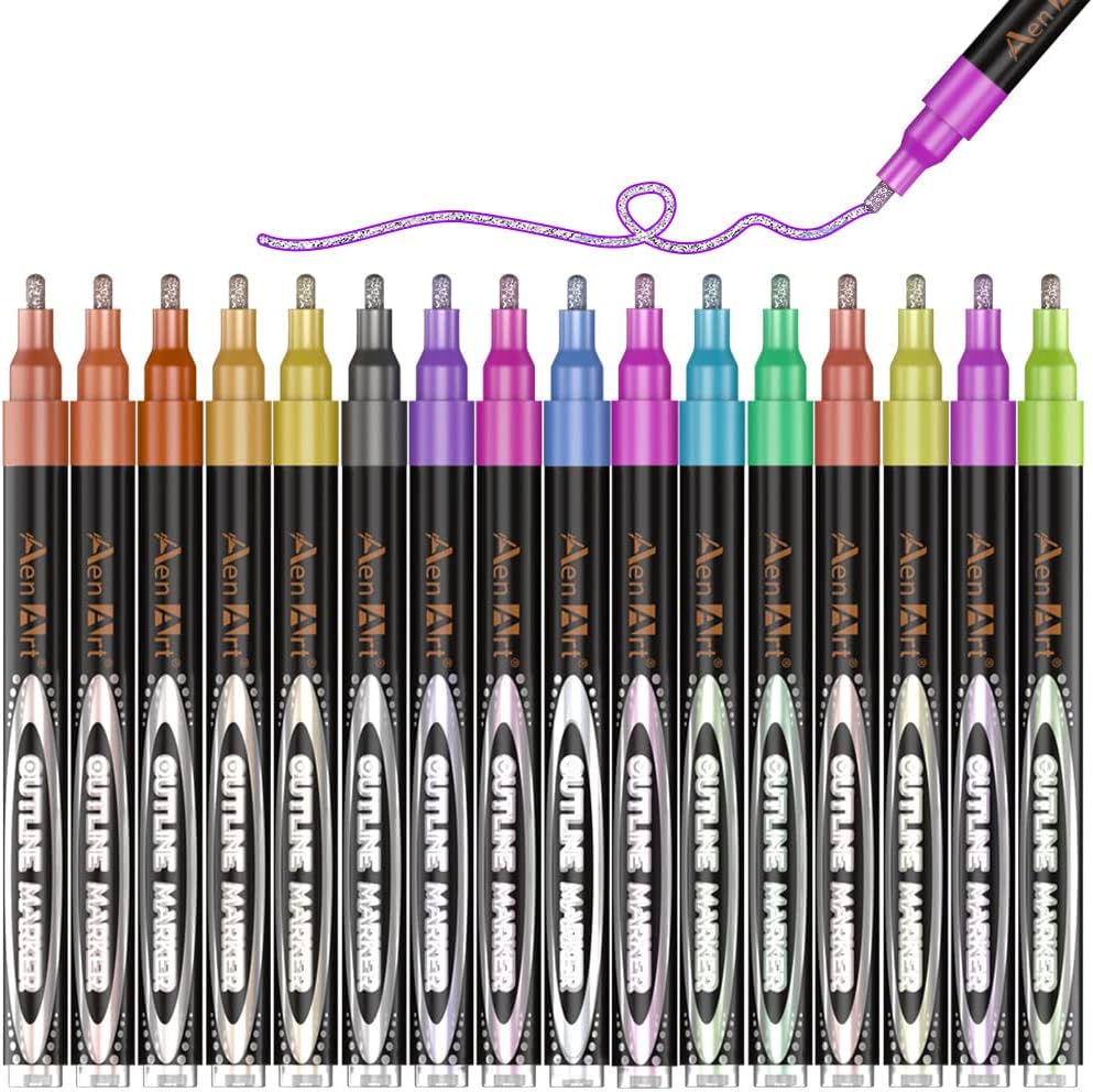 Aen Art Double Line Markers Outline Pens, Squiggles Shimmer Outline Marker Set, 16 Colors Doodle Shimmer Pen for Drawing, Making Card, Craft Project