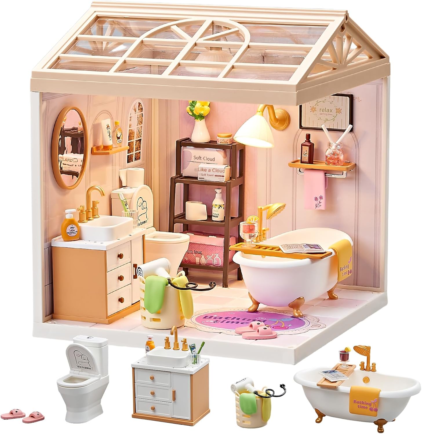 DIY Miniature Bathroom Play Kit with 101Pcs, 1:20 Scale Dollhouse Washroom Furniture with LED Light, Realistic Accessories & Connectable Base Room, Tiny House Toy for Adults & Kids 8+