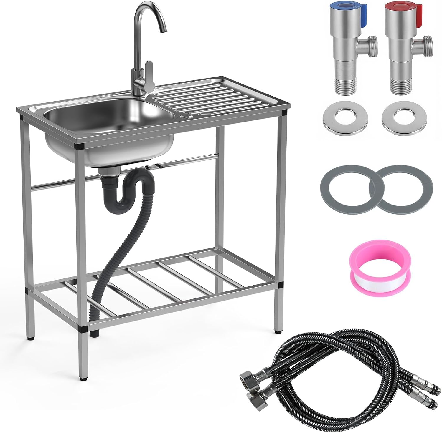 Stainless Steel Utility Sink Set, Freestanding Single Bowl Kitchen Sink with Hose Hook Up, Hot & Cold Faucet, Storage Shelves for Garage, Restaurant, Kitchen, Laundry Room