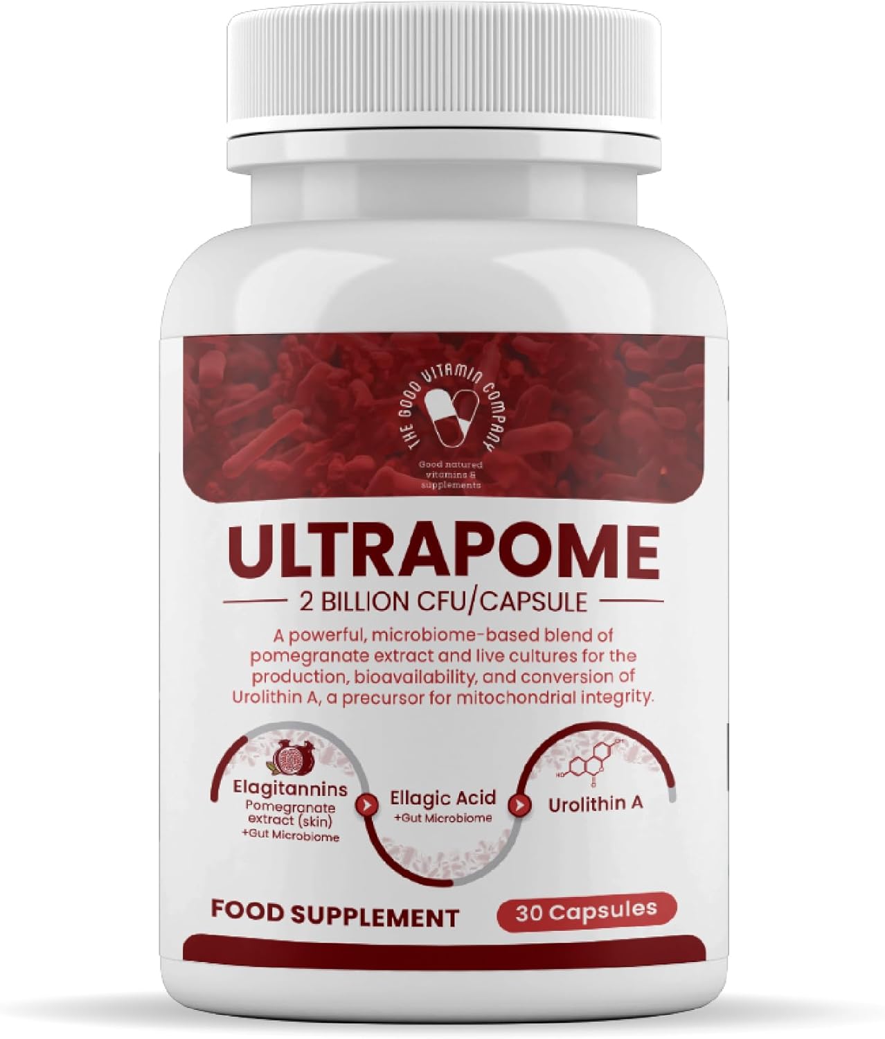 Ultrapome: 30 Capsules - Pomegranates + Live Cultures/Microbiome, Urolithin A Supplement for Cellular, Mitochondrial Health, Mitophagy, Energy Support, Suitable for Vegetarians, GMO-Free, Made in USA