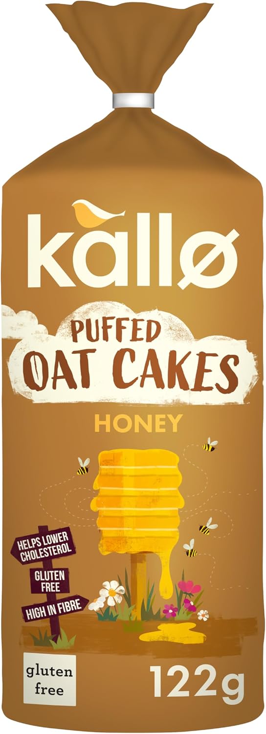 Kallo Honey Puffed Oat Cakes – Gluten-Free, High in Fibre, Helps Lower Cholesterol, No Artificial Colours, Flavours or Preservatives, Vegetarian Friendly, 130g Pack