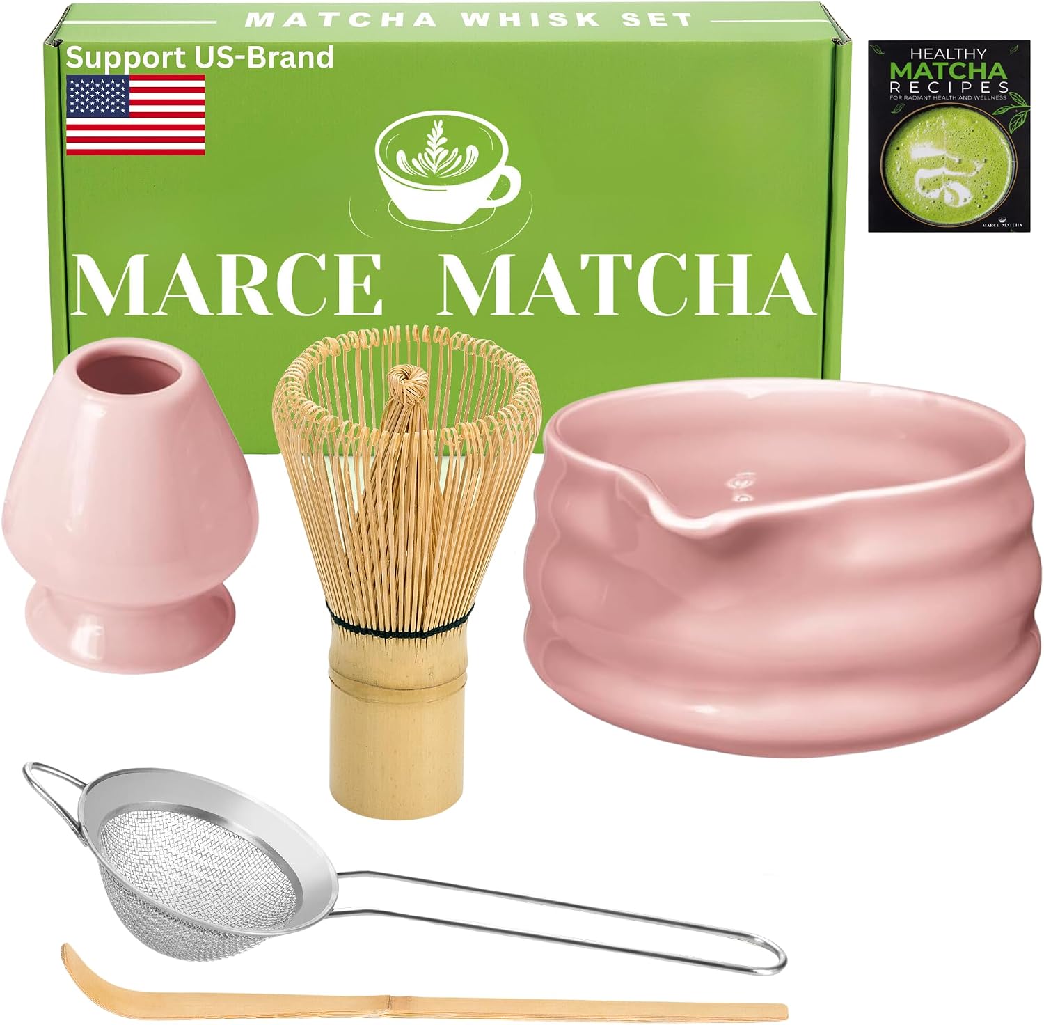 Matcha Whisk Set- Matcha Set includes Matcha Whisk and Bowl with Spout, Sifter, Holder and Scoop- The Perfect Bamboo Whisk for Matcha Tea (Pink)