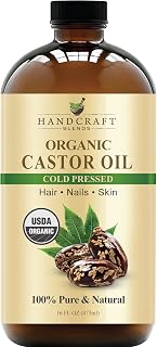 Handcraft Blends Cold-Pressed Organic Castor Oil in Glass Bottle - 16 Fl Oz - 100% Pure and Natural - Premium Grade Carrier Oil for Hair Growth, Eyelashes and Eyebrows - Hair and Body