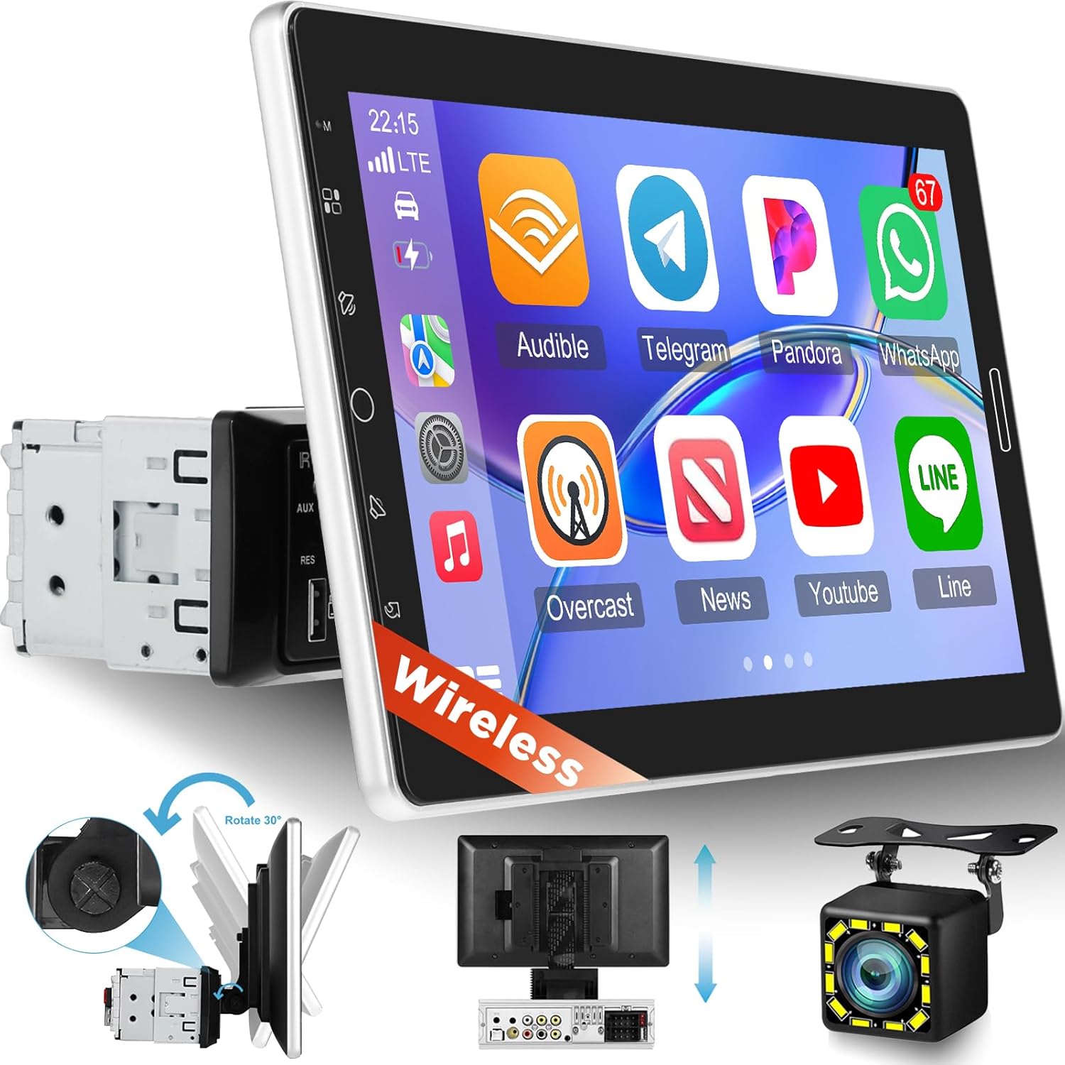 10.1 inch Single Din Car Stereo with Wireless Carplay 10 inch Touchscreen Radio Support AM FM Radio/YouTube Video/Car Play/Android Auto/Bluetooth/SWC + Backup Camera + Mic
