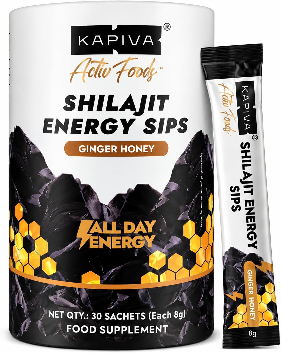 Kapiva Himalayan Shilajit Honey Sticks with 60%+ Fulvic Acid & 80+ Trace Minerals | Ginger Flavor | Natural Energy & Vitality Support | Travel-Friendly Sachets | For Men & Women | 30 Sticks