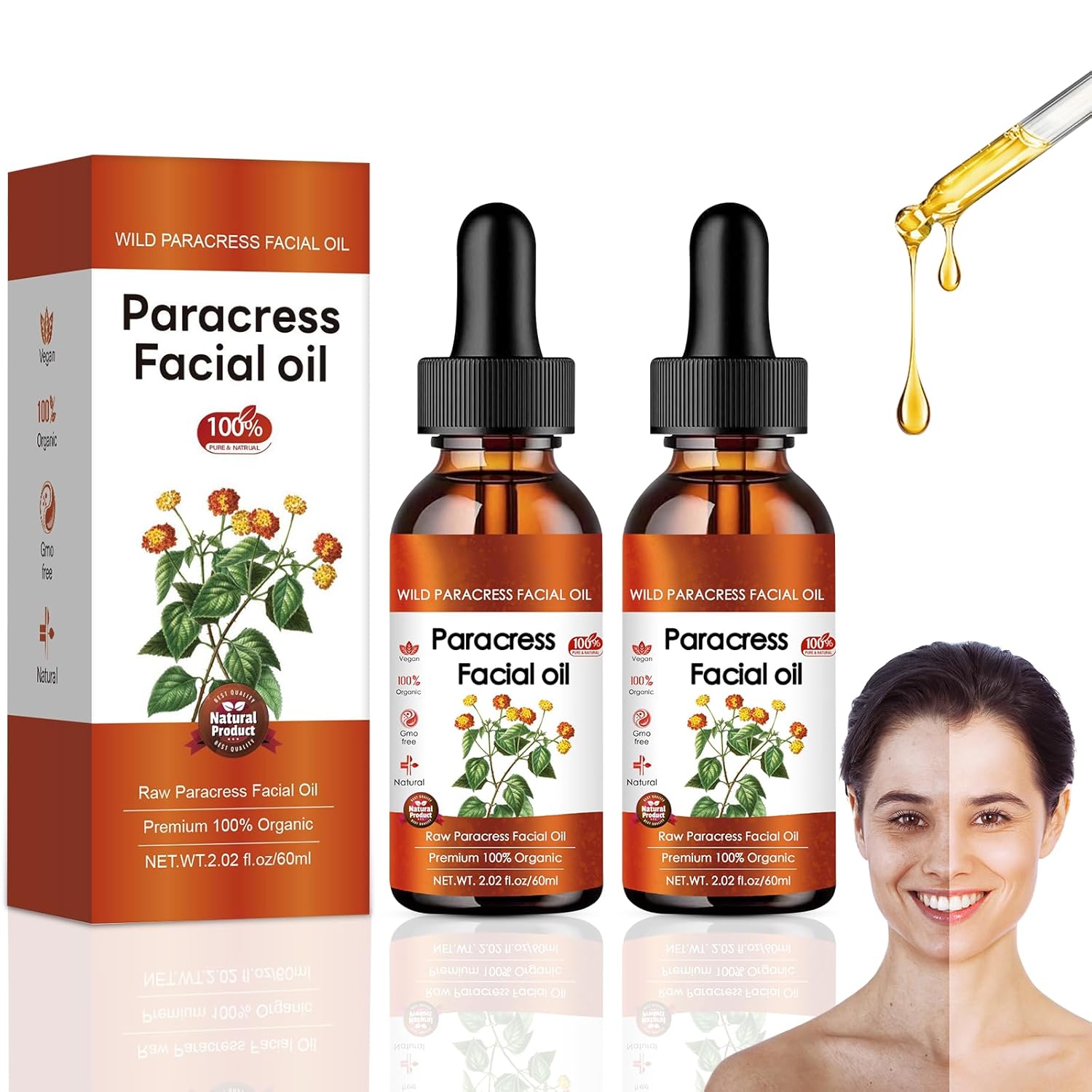 100% Pure Organic Paracress Facial Oil - Anti-Aging Moisturizing Essential Oil with Spilanthes Acmella Oleracea Flower & MCT Oil for Wrinkle Reduction, Moisturizing & Glowing Skin Face Oil (2pcs)