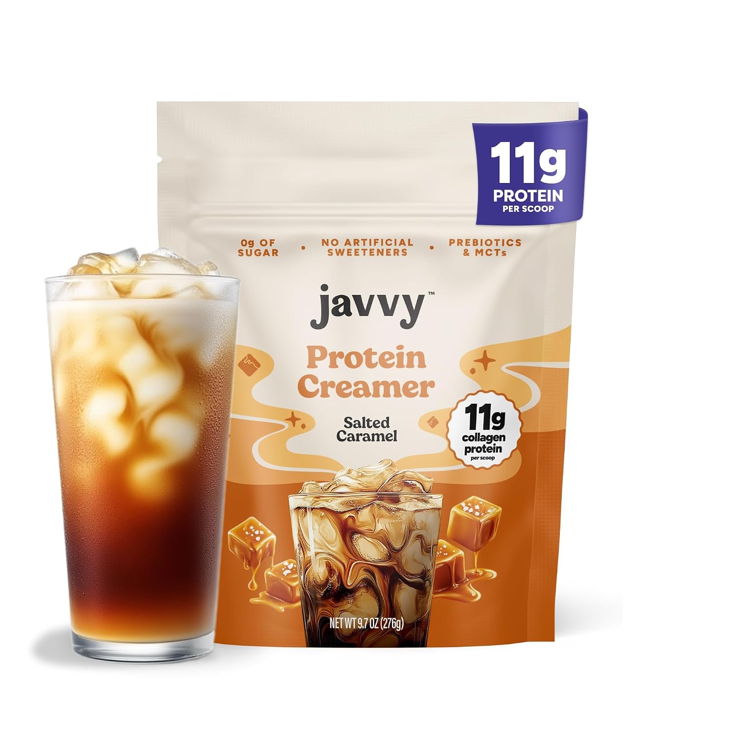 Javvy Protein Coffee Creamer, Salted Caramel, Non-Dairy | 11g Collagen Protein per Scoop, 0g Sugar, No Artificial Sweeteners, Prebiotics & MCTs, 12 Servings