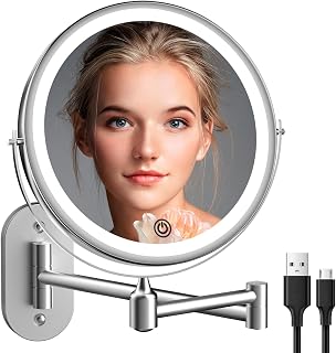 Rechargeable Wall Mounted Lighted Makeup Vanity Mirror 8 inch 1X/10X Magnifying Bathroom Mirror with 3 Color Lights, Double Sided with Dimmable LED Lights, Extended Arm 360° Swivel Extension Mirror