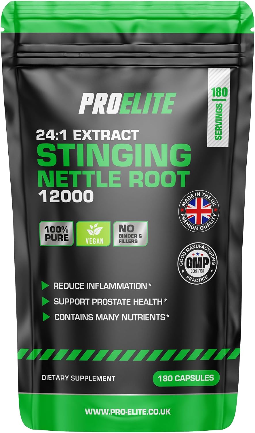 Stinging Nettle Root | 180 Capsules Vegan - 24:1 Extract 12,000mg Nettle Root per Capsule | High Strength Stinging Nettle Alternative to Powder NO Fillers & Binders | Made in UK by PROELITE