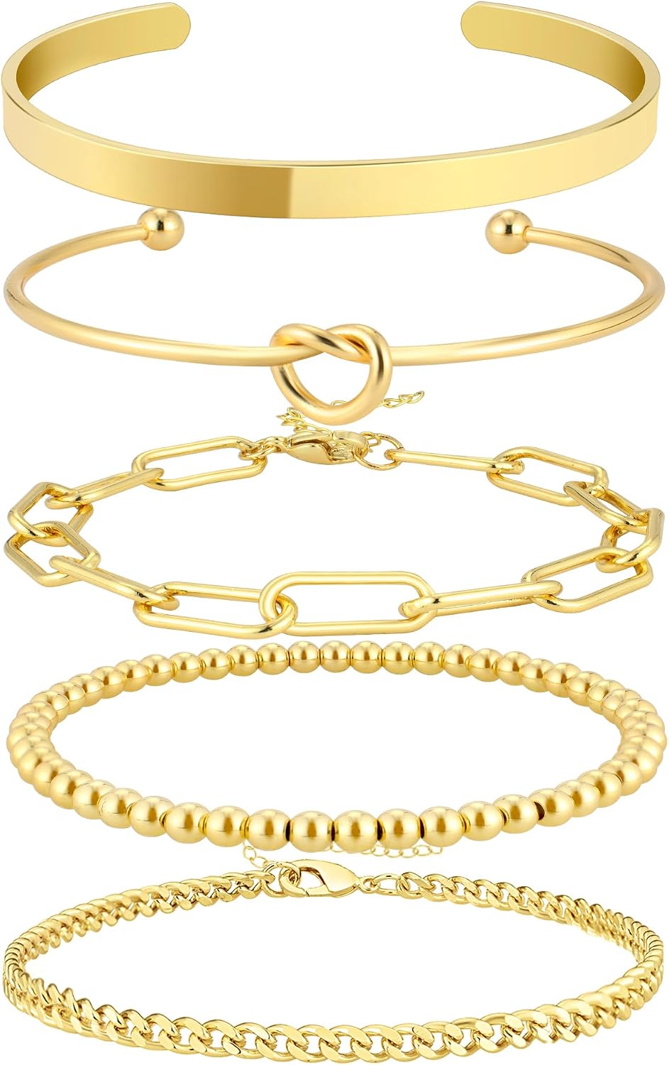 14K Gold Plated Bangle Cuff Bracelet Set for Women Bracelet Stack Adjustable Tennis/Beaded/Paperclip/Cuban Link Chain Bracelets Jewelry