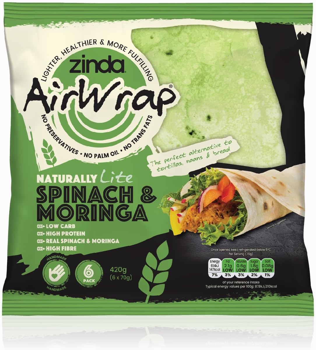 Zinda Spinach & Moringa Tortilla Natural Airwrap 6x70g Wraps, Just 7 Ingredients, No Preservatives, No Palm Oil, No Trans Fats, Low Carb, High Fibre, High Protein, Vegan, Real Spinach and Moringa.