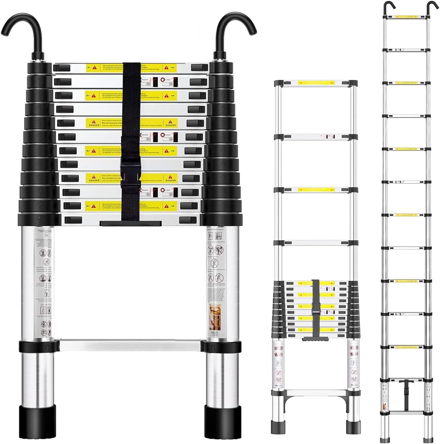 Rewing Telescopic Ladder Extendable Ladder 3.5M/11.48FT Stainless Steel Thickened High-Ladders extendable with Stabilizer Bar and Detachable Hooks, Multi Purpose Extendable for Roof Caravans Attic