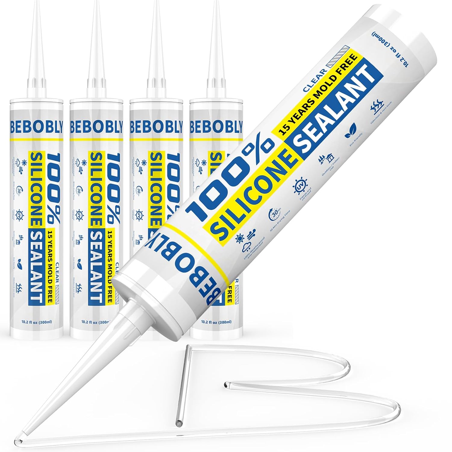 Silicone Caulk & Sealant Clear, 100% Waterproof Silicone Sealant, Shrink & Crack Proof, Silicone Caulking for Kitchen, Bathroom, RV, Interior & Exterior Use, 10.2 FL. OZ/300ML, 4 Pack