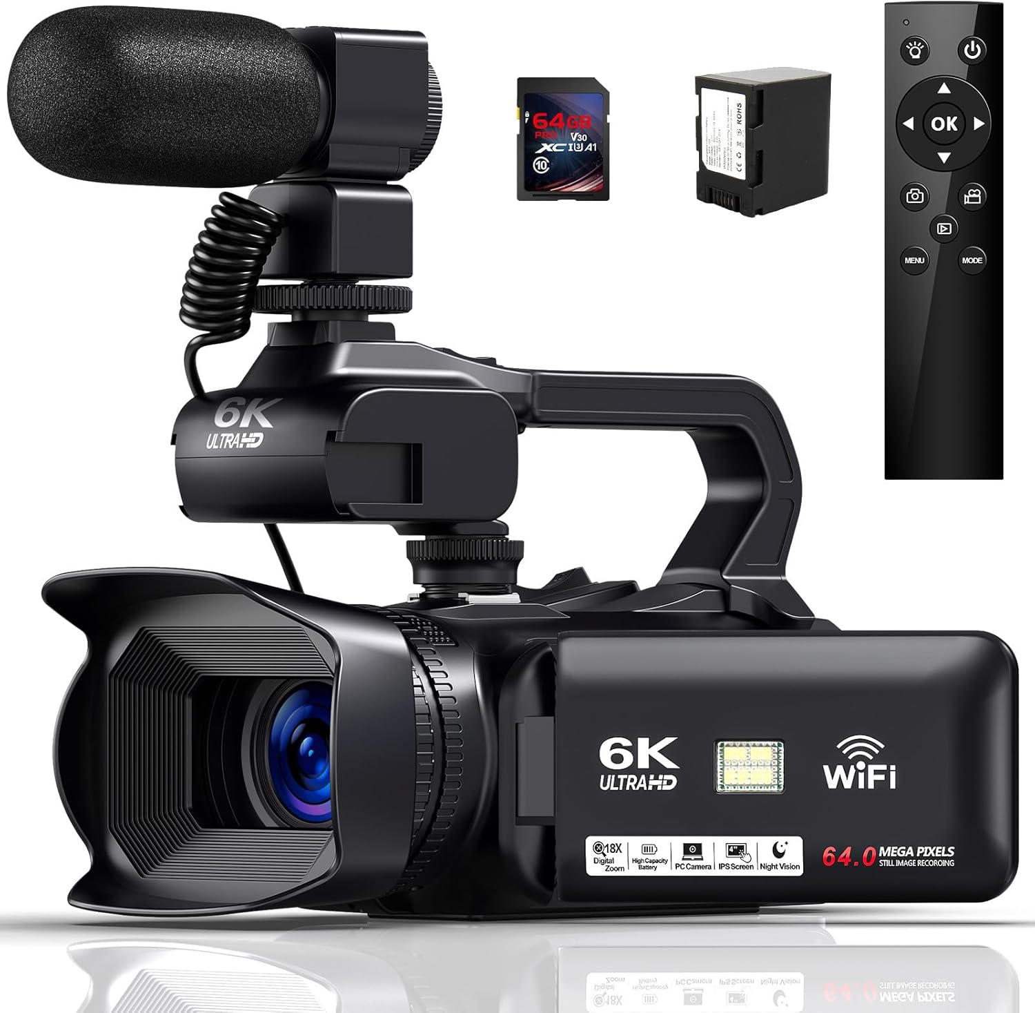 Camcorder 6K 64MP Video Camera 18X Digital Zoom IR Night Vision 4.0 Inch Touch Screen Vlogging Camera for YouTube, WiFi Camcorder with 4500mAh Battery, 64GB SD Card, Stabilizer and Remote Control