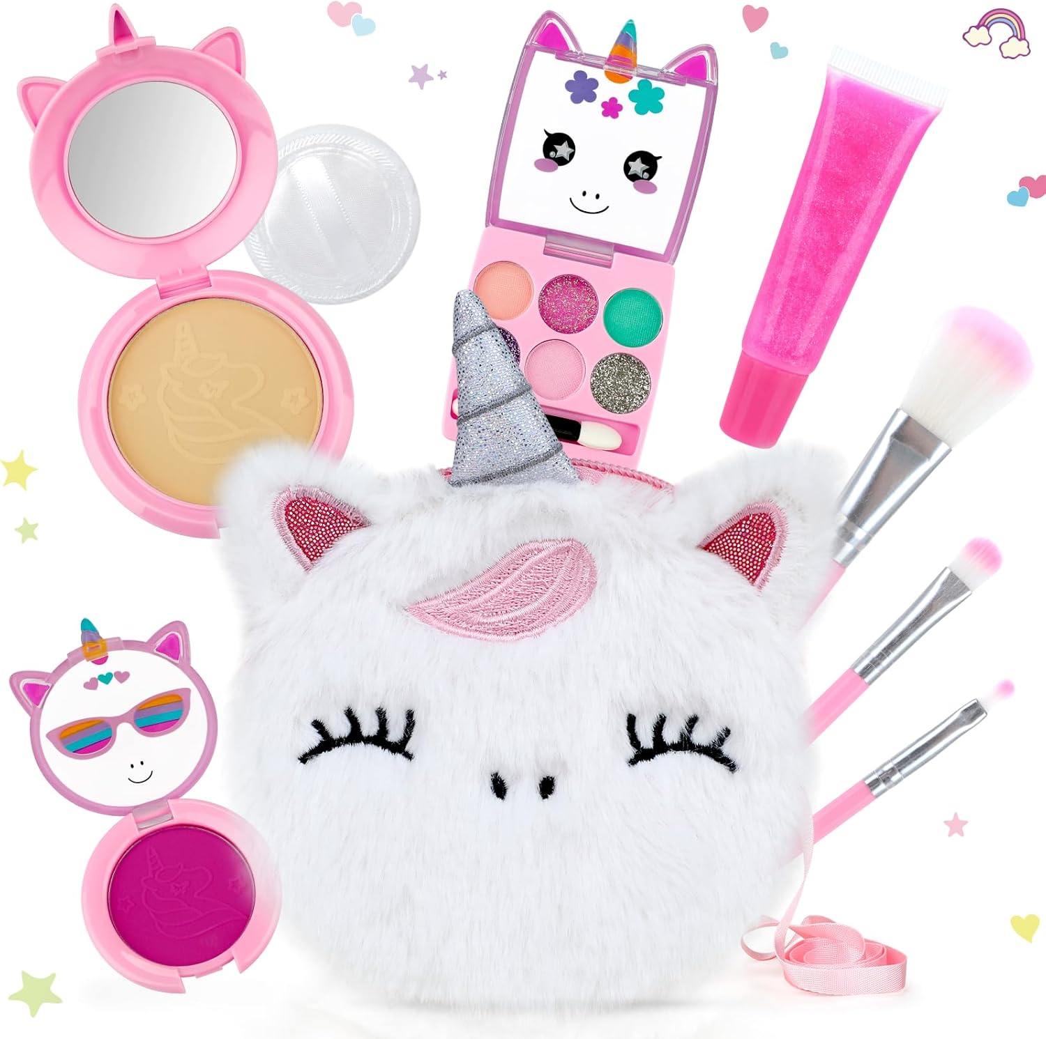 PERRYHOME Cute Kids Makeup Set Unicorn Washable Makeup Kit for Girls 3-12 with Mini Coin Purse - Real Cosmetic Non-Toxic Toddler Makeup Kit-Unicorn Toys for Girl - Birthday Unicorn Gift(White)