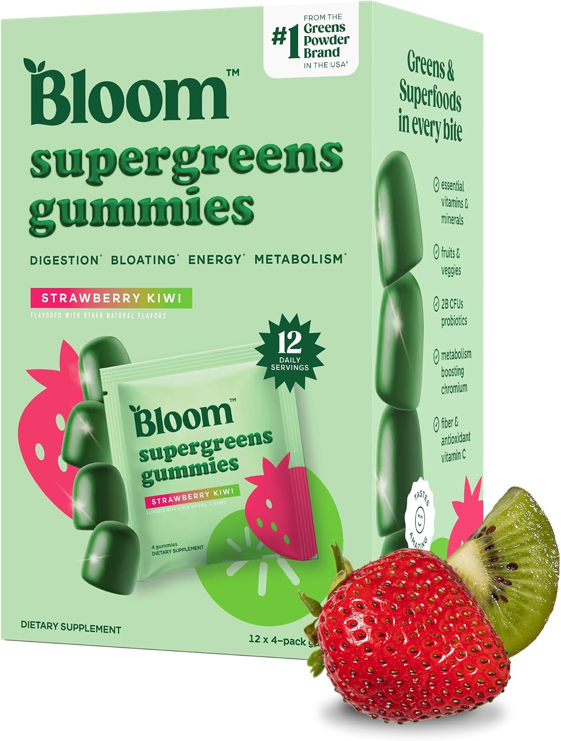 Bloom Nutrition Super Greens Gummies, Strawberry Kiwi, 12 Servings