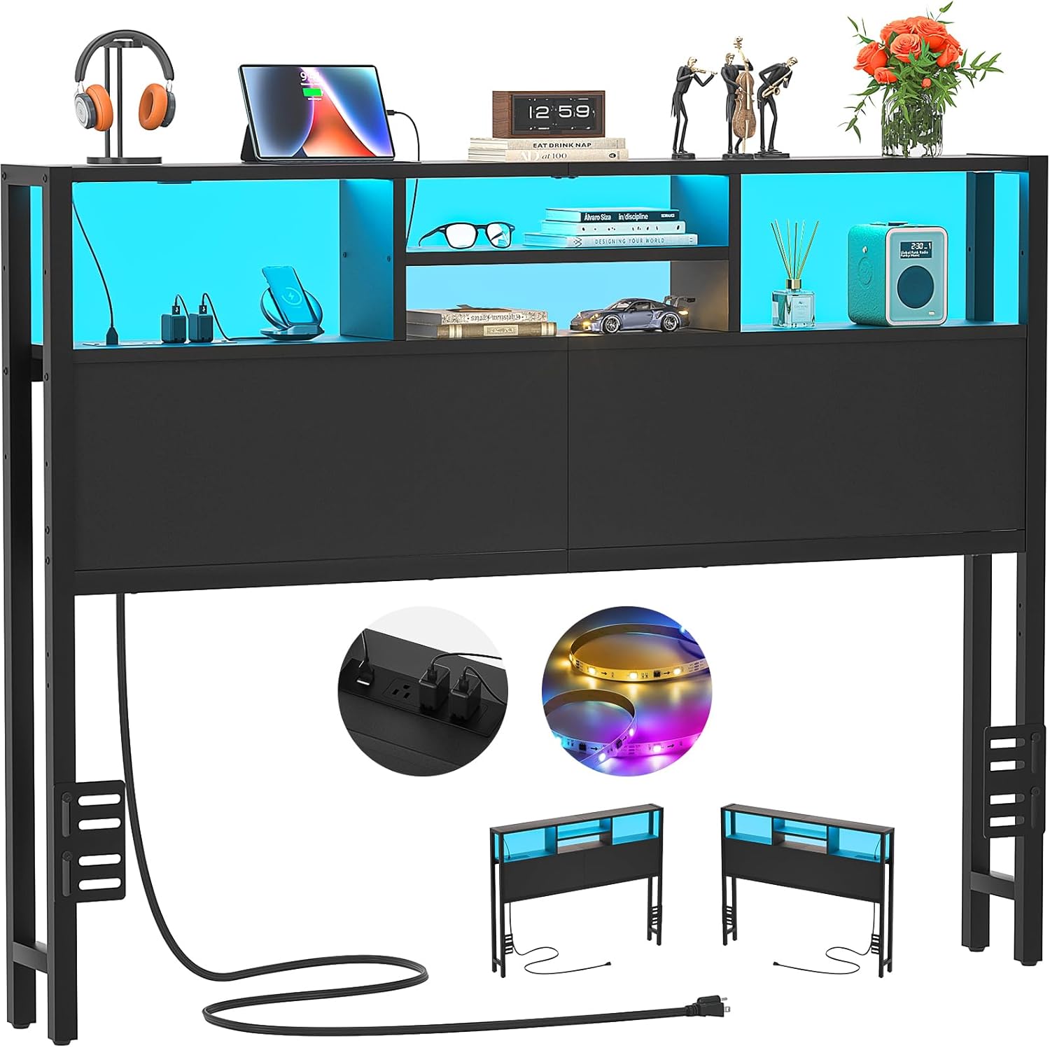 Aheaplus Headboard for Full Size Bed with Storage, Headboards with Outlets, USB Ports and LED Light, Full Size Head Board Only, Height Adjustable, Reversible, Sturdy and Stable Headboard, Black