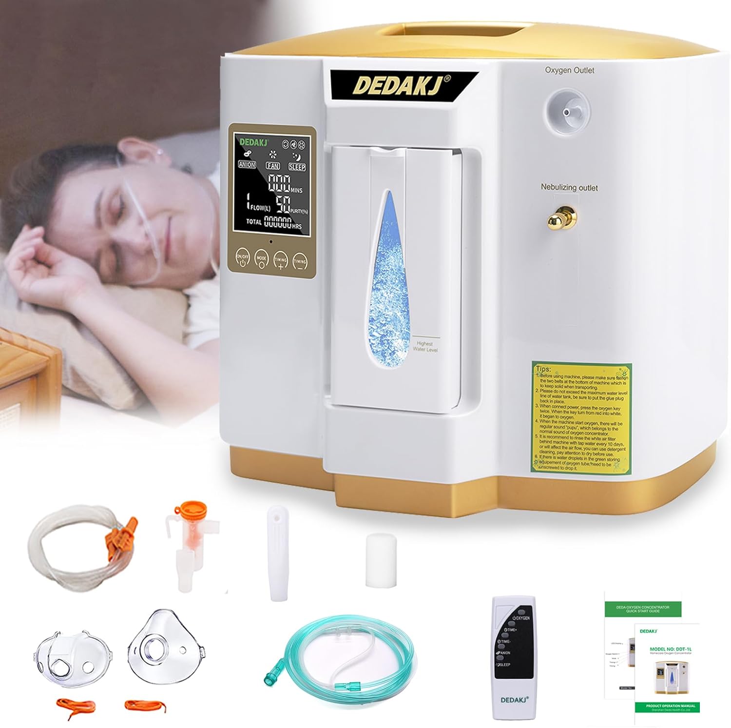 DEDAKJ Oxygen Machine 1-7L / min, 30%-90%, with Remote Control, Atomise, Accumulated Time Adjustment for Home and Travel（1LW)