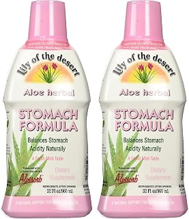 Lily Of The Desert Stomach Formula, Organic Aloe Vera Juice with Slippery Elm, Chamomile, Peppermint, and Ginger for Gut Health, Acid Reflux, Heartburn Relief, 32 Oz (Pack of 2)