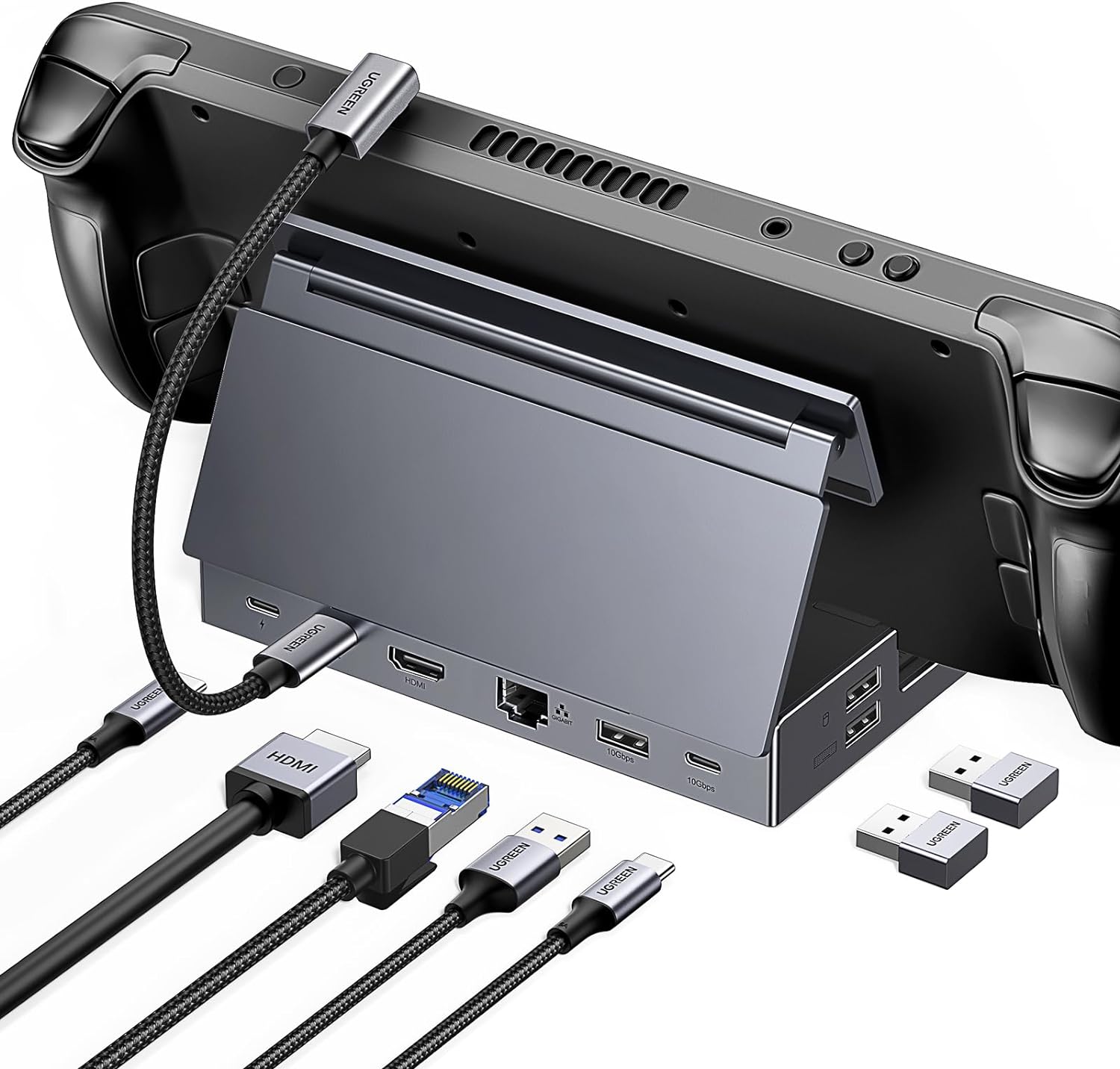 UGREEN Steam Deck Dock, 9-in-1 Docking Station, Adjustable and Foldable Stand, 4K@60Hz HDMI, 100W PD, 10Gbps USB-C and USB-A, Ethernet, SD/TF, For Steam Deck OLED, ROG Ally X, Legion Go, MSI Claw