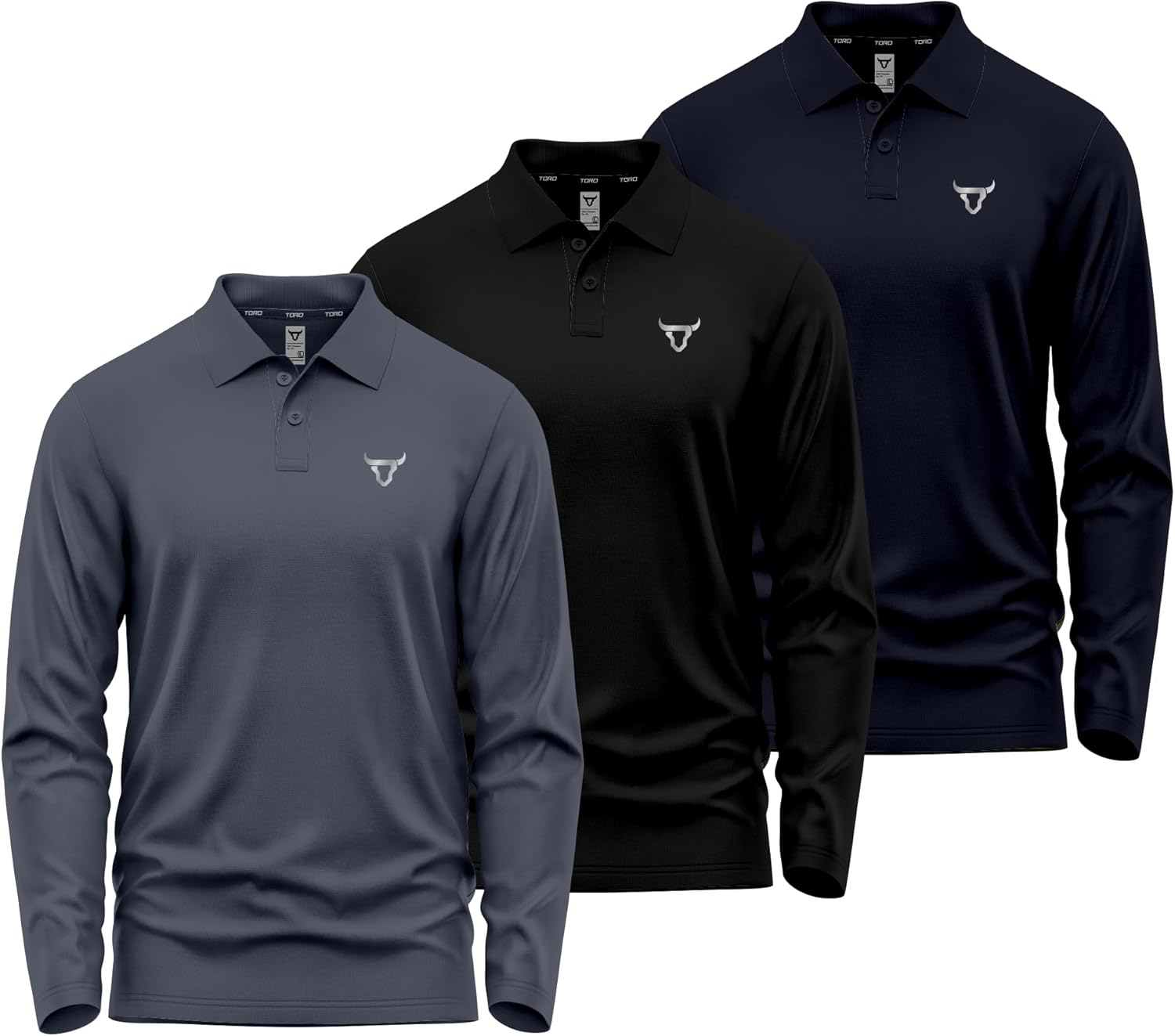 TORO ACTIVA Pack of 3 Mens Polo T Shirt Regular Fit Olympic Casual Uniform Party Wear Multi-Colours Long Full Sleeves Button Up Adults Gift Polo Top