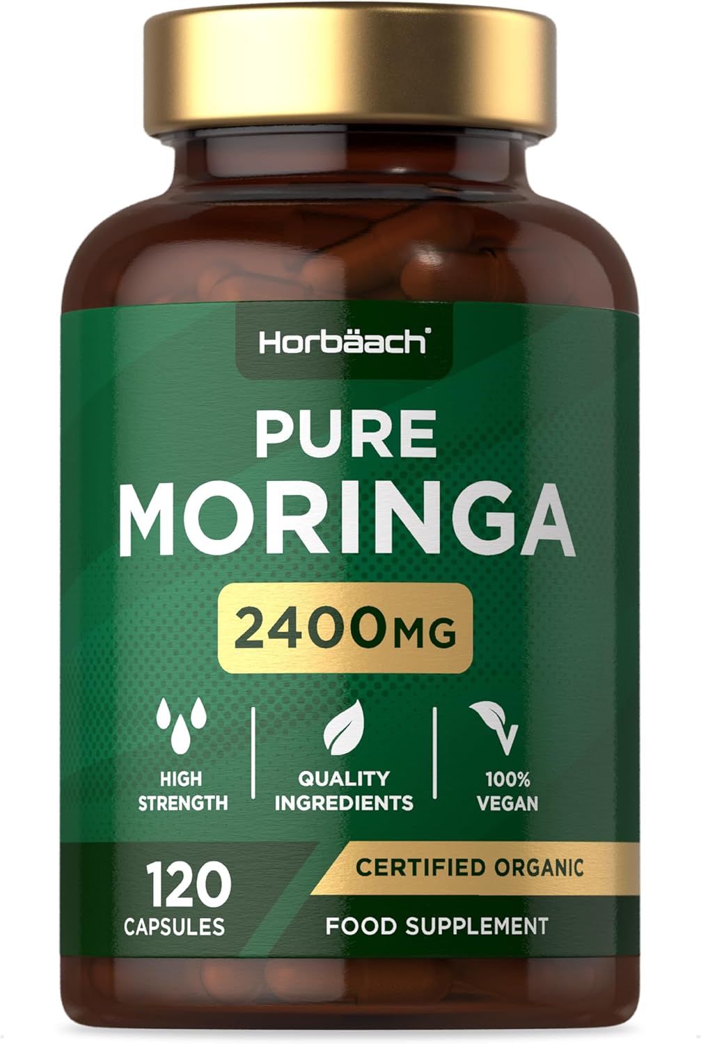 Organic Moringa Capsules 2400mg | High Strength Moringa Oleifera Leaves | 120 Vegan Powder Capsules | Horbaach