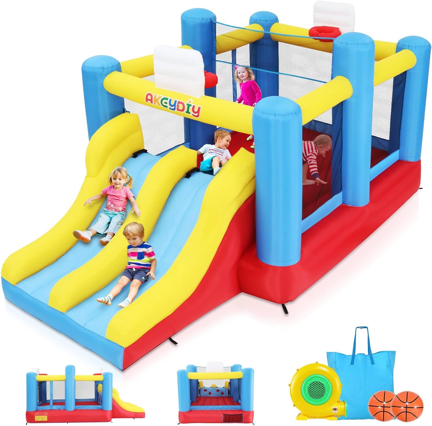 AKEYDIY Inflatable Bounce House, Outdoor Indoor Bouncy House with Blower for Kids, Sports Ball Game Theme Park Bouncer w/Double Slide, Large Bounce Area, 2 Basketball Hoops, Removable Volleyball Net