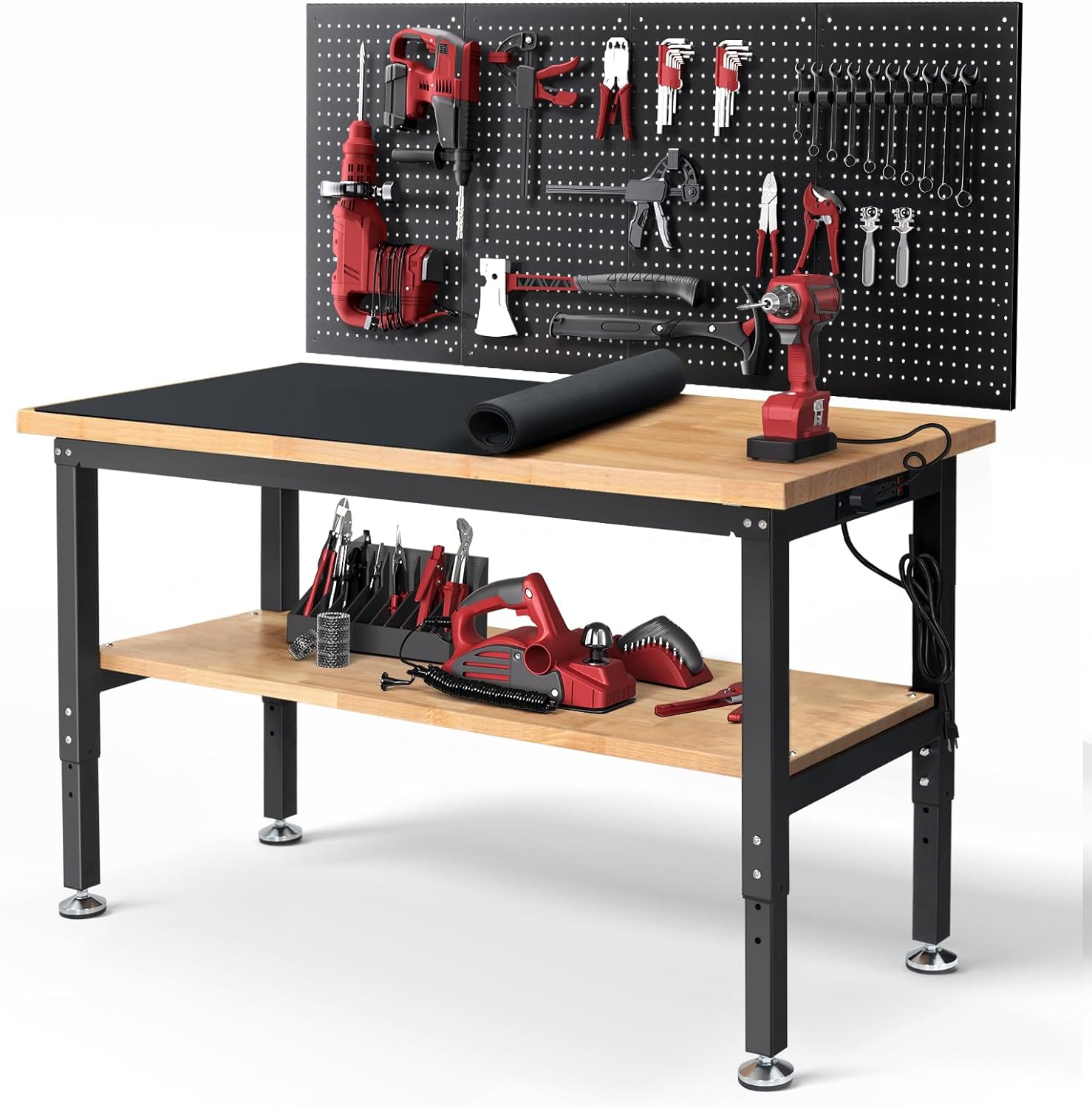 Work Table for Garage 60 Inch Workbench with Storage Adjustable Height Rubber Wood Tabletop Work Bench with Power Outlets Pegboard Pad for Cutting Wood Shop Woodworking Home Office