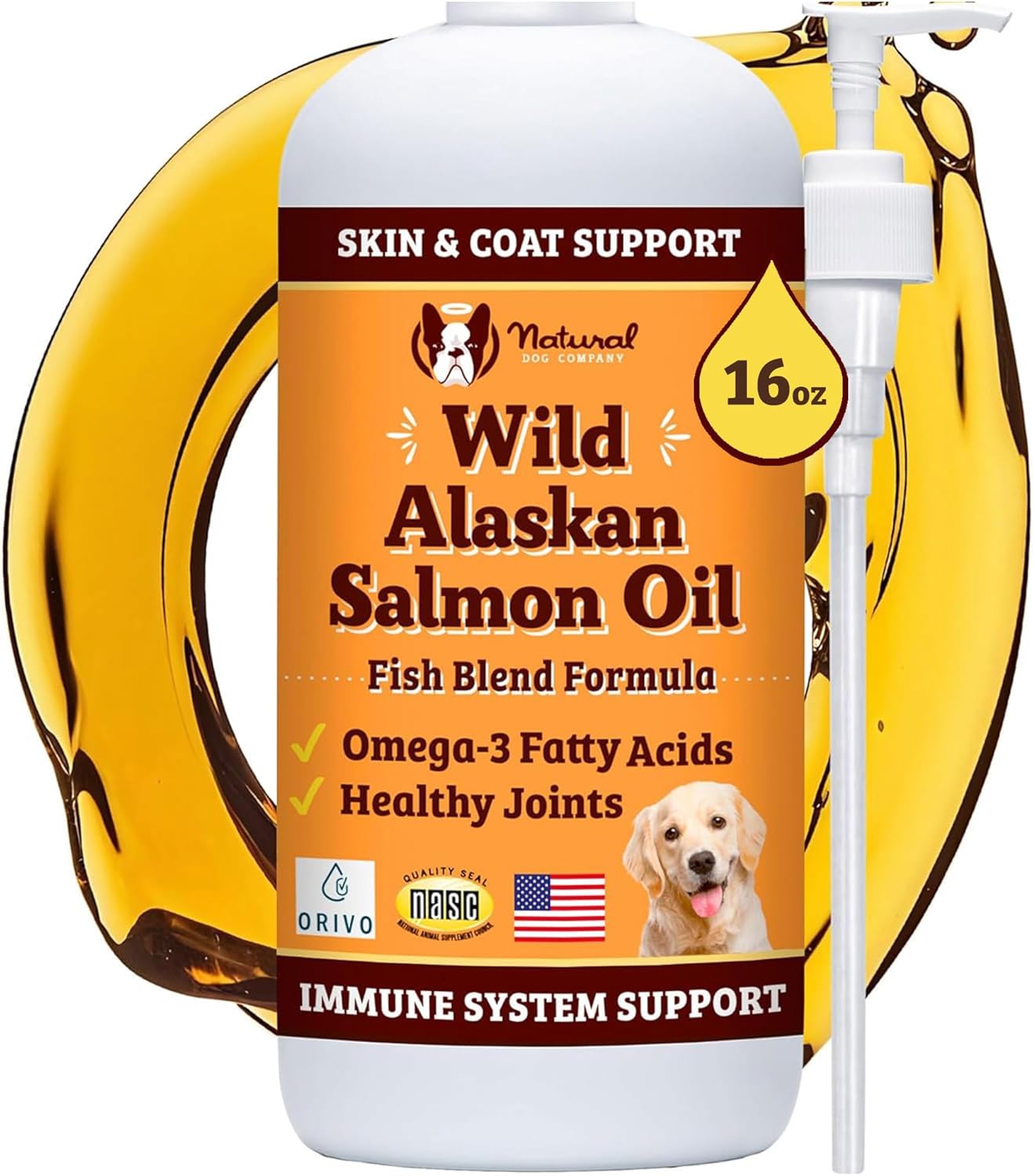 Natural Dog Company Wild Alaskan Salmon Oil for Dogs - Omega 3 Fish Oil Supplement with EPA & DHA for Skin, Coat, Itch Relief, Joints, Heart & Immune Support, Liquid Food Topper, 16 oz