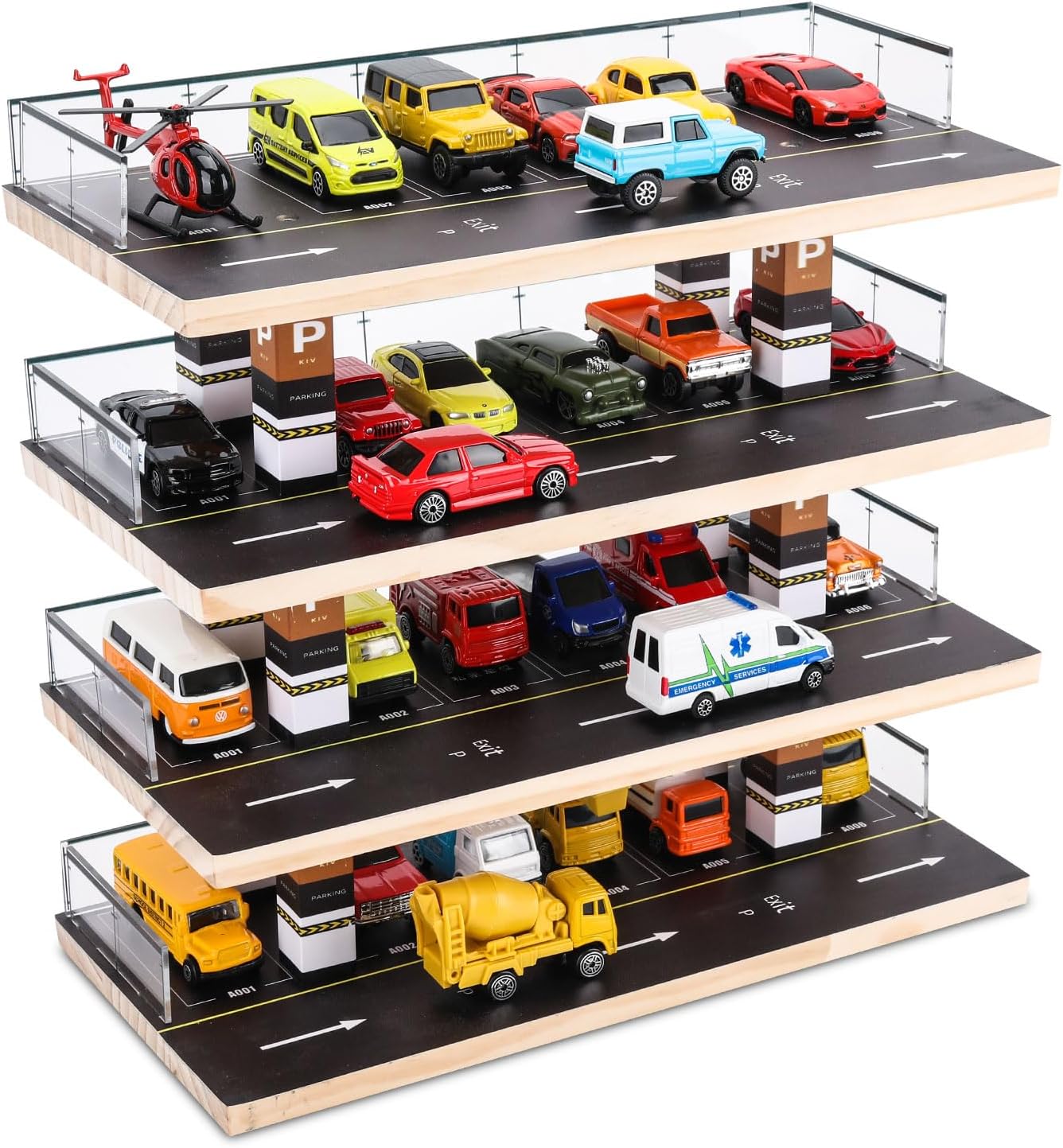 Saichotoy Parking Garage Toy Compatible with Hot Wheels, Storage for 1/64 Scale Matchbox Diecast Cars, Freestanding Display Case with 4 Levels 24 Spots Maximum 40 Cars