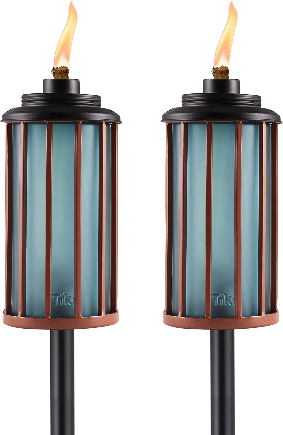 TIKI 2-Pack Retro Stripe Glass Torches, 65-Inch Outdoor Decorative Torches for Patio, Backyard & Garden, Easy Install with Refillable Canister, Long-Lasting Wick & Snuffer, Blue & Copper