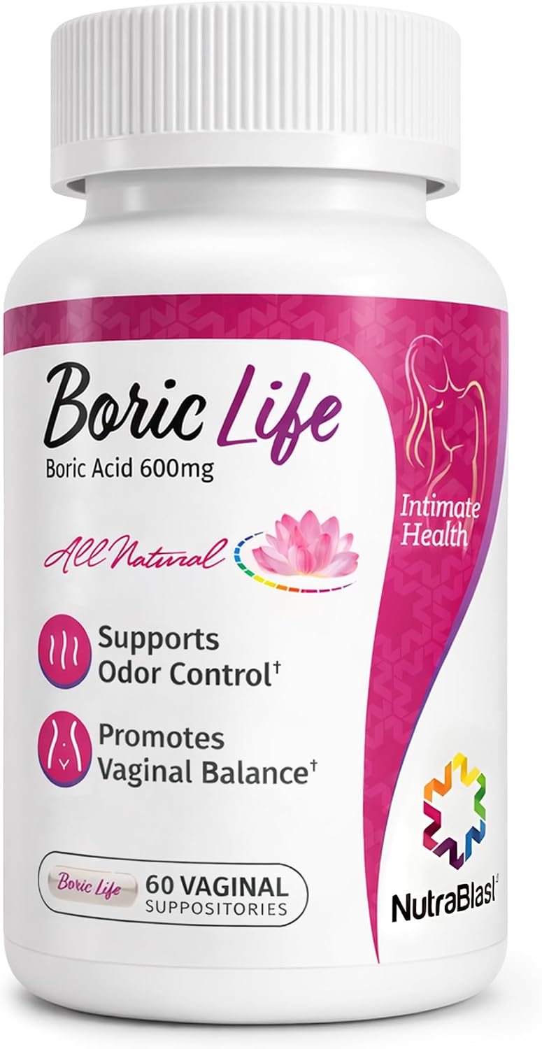 NutraBlast Boric Life Boric Acid Suppositories for Women 600mg, 60 Count | Supports Odor Control, Intimate Health Support, 100% Pure, Vegetable Capsules, Made in USA