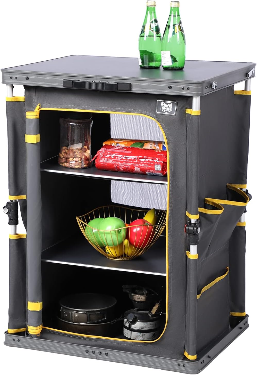 TIMBER RIDGE Compact Camping Storage, Pop Up Folding Camping Kitchen Unit, Camping Furniture Camping Cupboards Cabinet Outdoor 3 Shelf Aluminum Frame Portable for Garden Party Picnic, Supports 30kg
