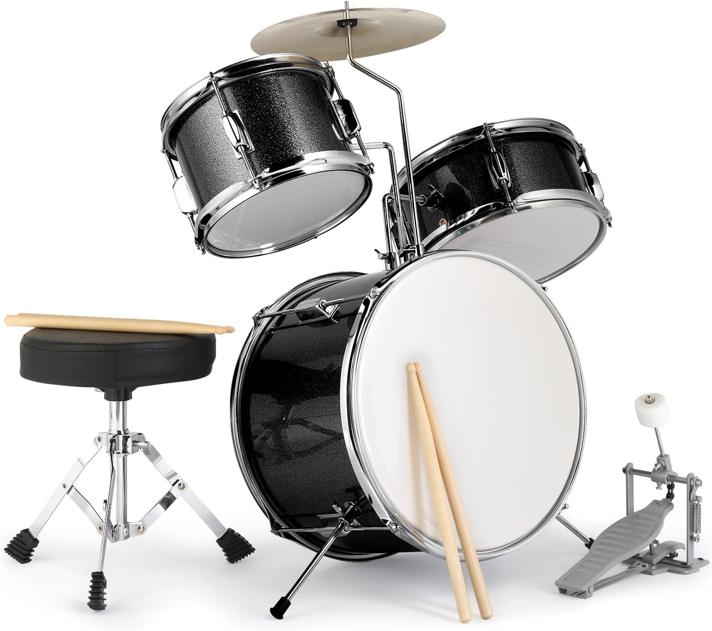 Ktaxon 3-Piece Kids Drum Set, 14 Inch Beginners Drums Kit with Throne Stool, Pedal & 2 Pairs of Drumsticks, Junior Drums Set Musical Instruments W/Cymbal, Tom, and Snare Drum (Black)