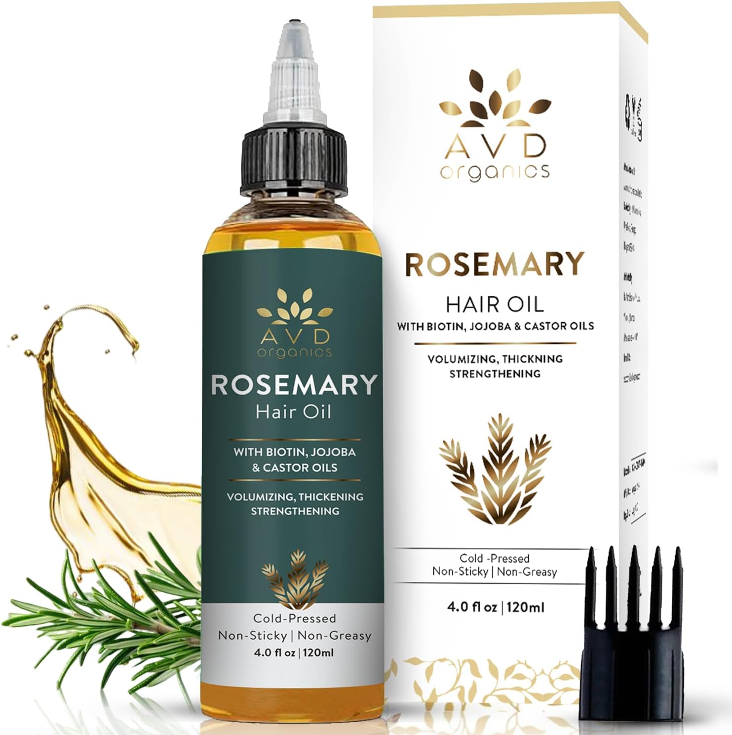 AVD Organics Rosemary Oil for Hair Growth – Infused with Biotin, Jojoba & Castor Oil – Strengthening, Nourishing & Volumising Hair Treatment – Non-GMO Hair Oil – 120ml