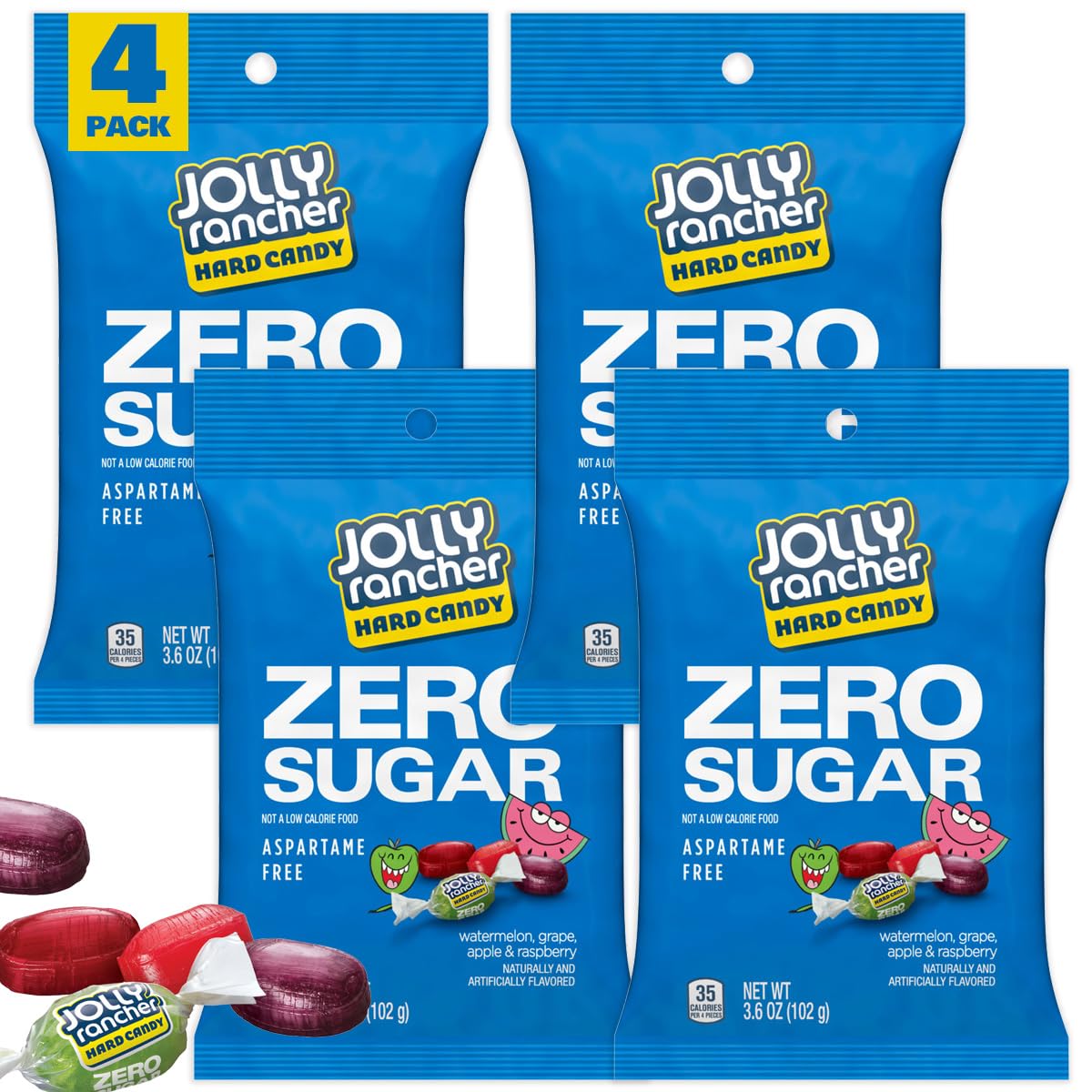 Zero Sugar Jolly Ranchers Hard Candy, 3.6 Ounce Bag (Pack of 4), Sugar Free Candy, Individually Wrapped Hard Candy, The Hampton Popcorn & Candy Company