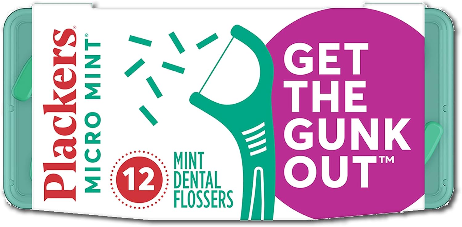 Plackers Micro Mint Dental Floss Picks with Travel Case, 12 Count, Green (Color may vary)