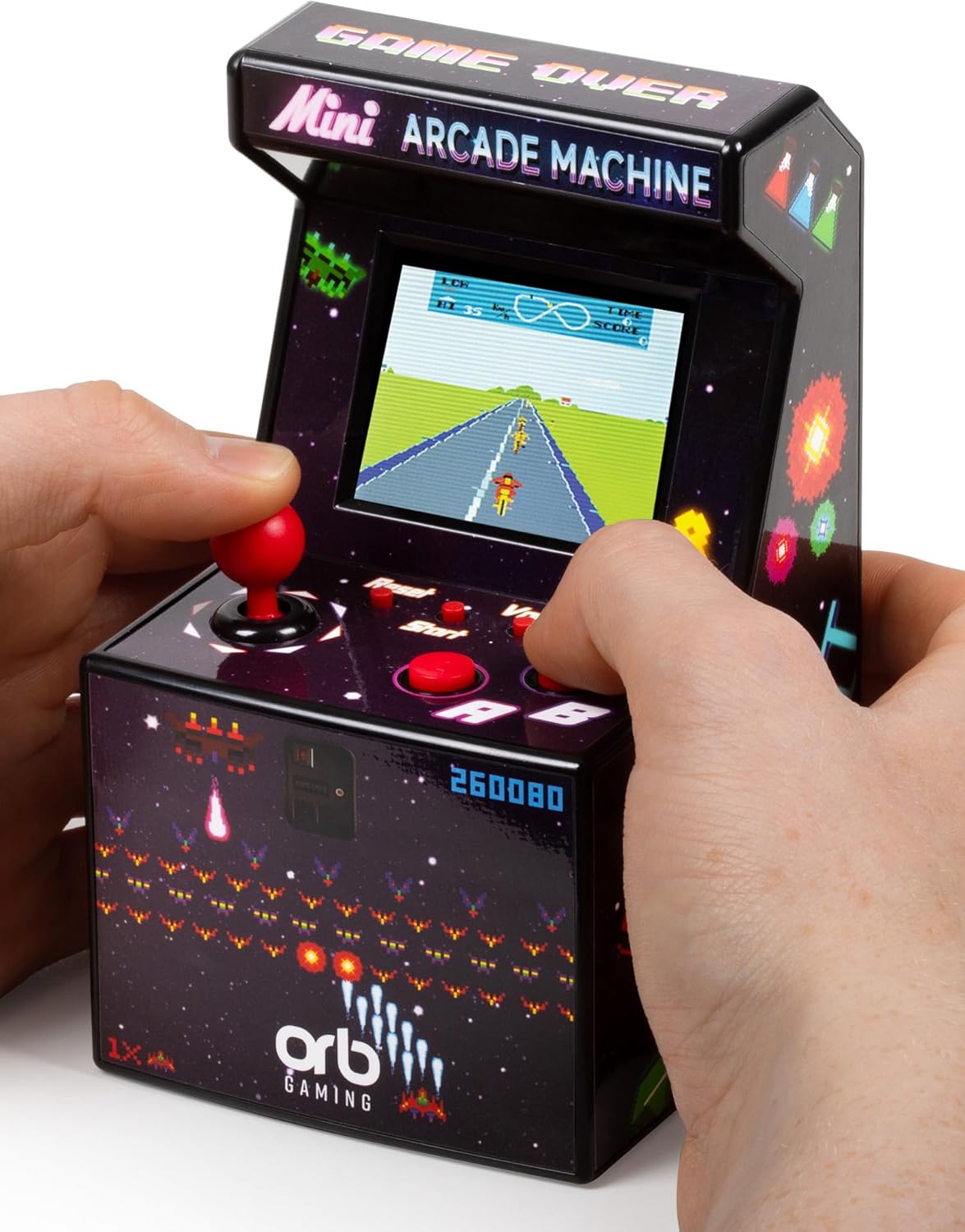 Mini Arcade Machine, 240 Built-In 8-Bit Games, 2.5” Full Colour Screen, 8-Way Joystick, Handheld Retro Games Console – Orb Gaming by ThumbsUp!