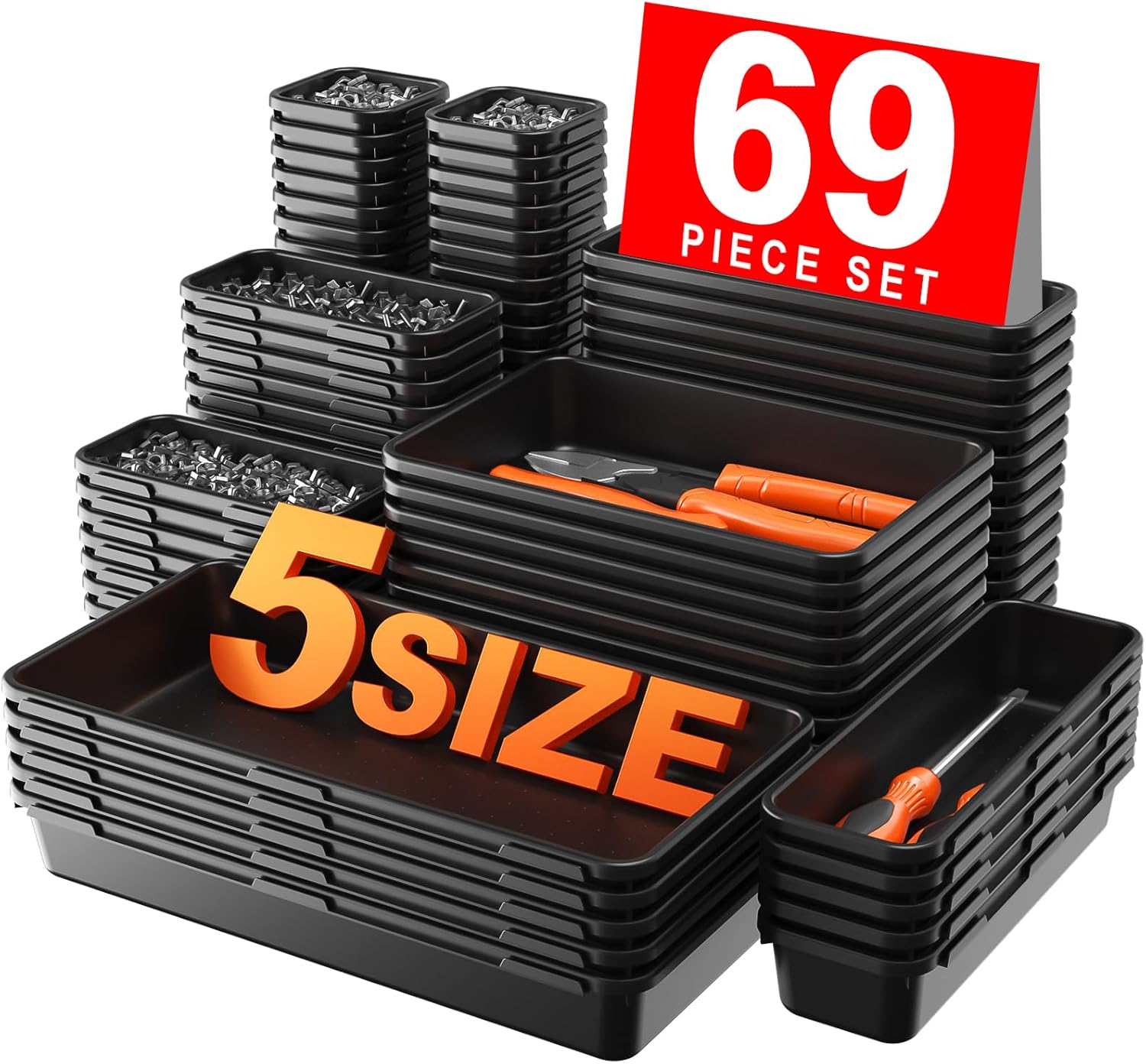 A-LuGei【𝟲𝟵𝗣𝗰𝘀【𝟱 𝗦𝗶𝘇𝗲】 Tool Box Organiser Tray Divider Set, 【Black】 Desk Drawer Organiser, Garage Organisation and Storage Toolbox Accessories Rolling Tool Chest Cart Cabinet WorkBench