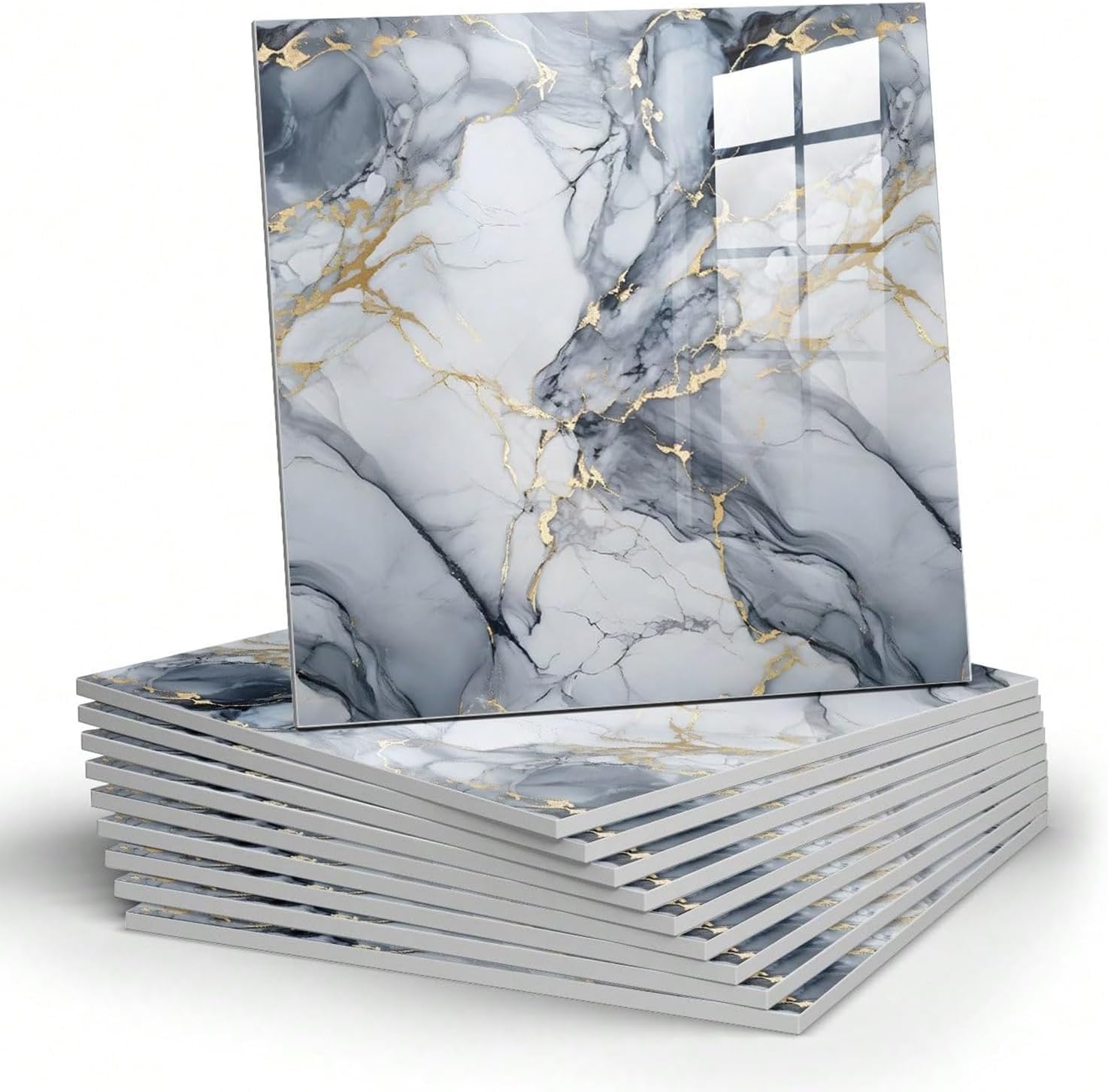 Chejiaye 10pcs Marble Peel and Stick Backsplash Surface Waterproof Foam Wall Panels,Self-Adhesive Marble PVC Wall Panels for Kitchen, Bathroom - 11.8"x11.8" Kitchen Tile(Not Real Tiles,Blue,9.7 Sq.ft)